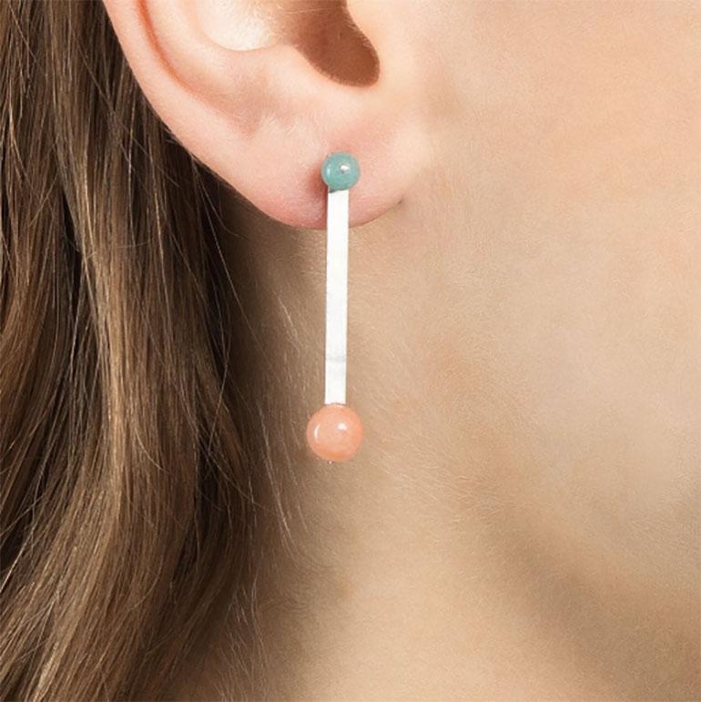 Geometrische Ohrringe aus zweifarbigem Jaspis in Sterlingsilber (Perle) im Angebot