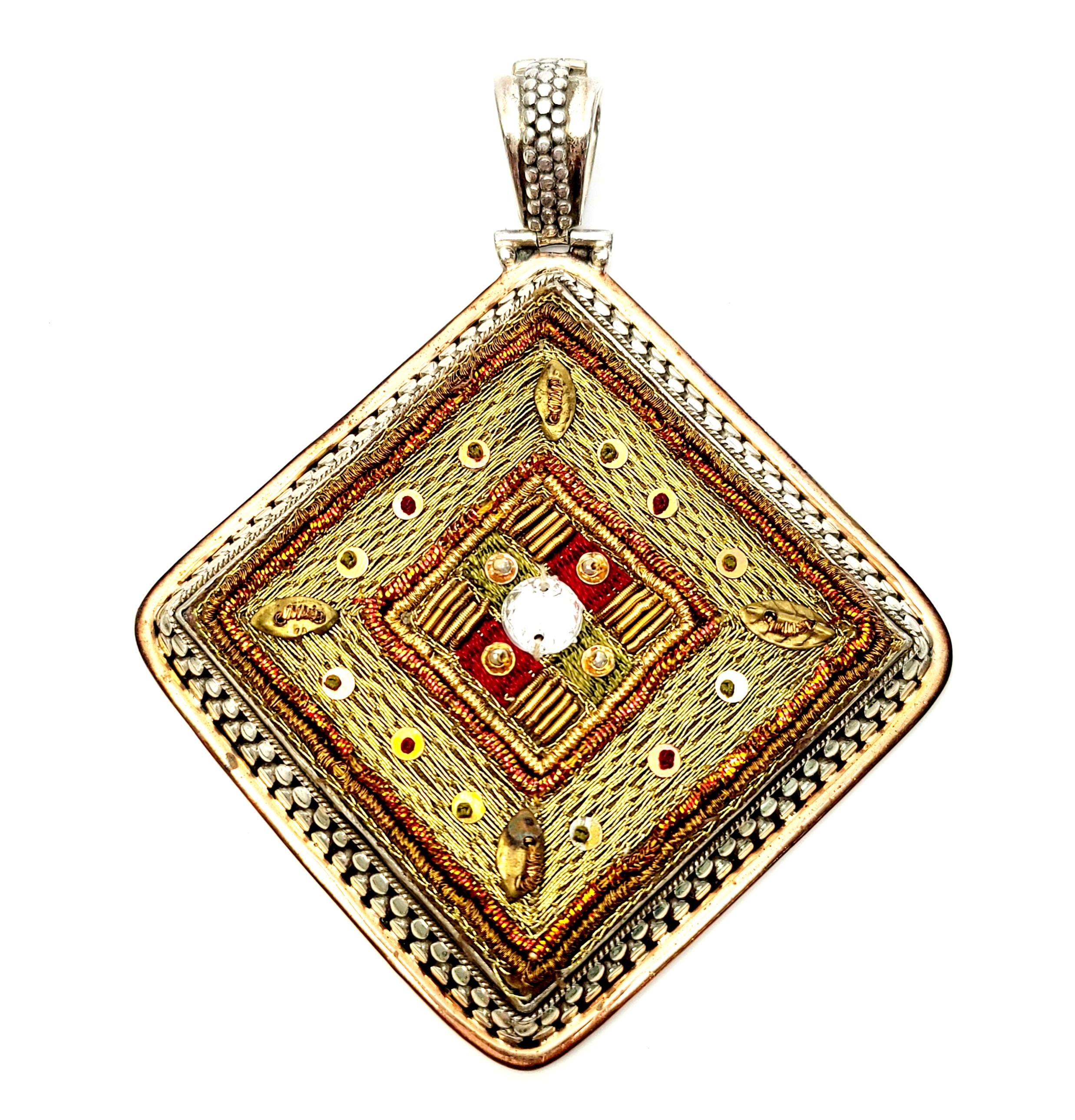 Sterling Silver Two-Tone Large Pendant Enhancer with Silk Thread Accent In Good Condition For Sale In Washington Depot, CT