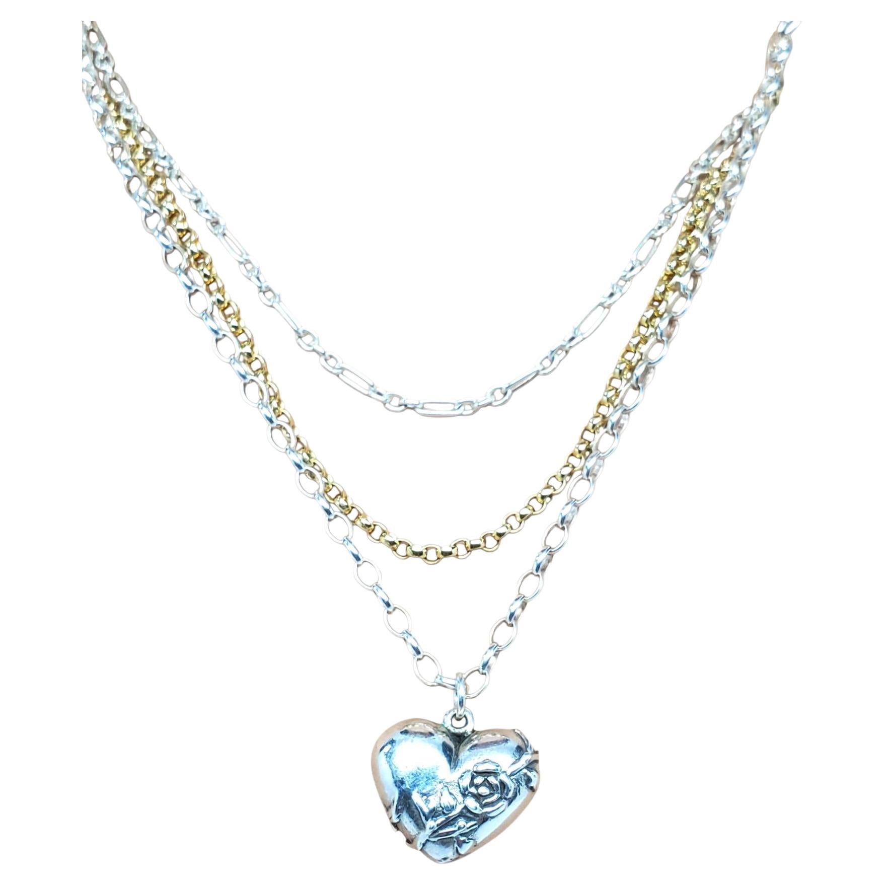 Sterling Silver Two Tone Layered Heart Shape Pendant Necklace #21291
