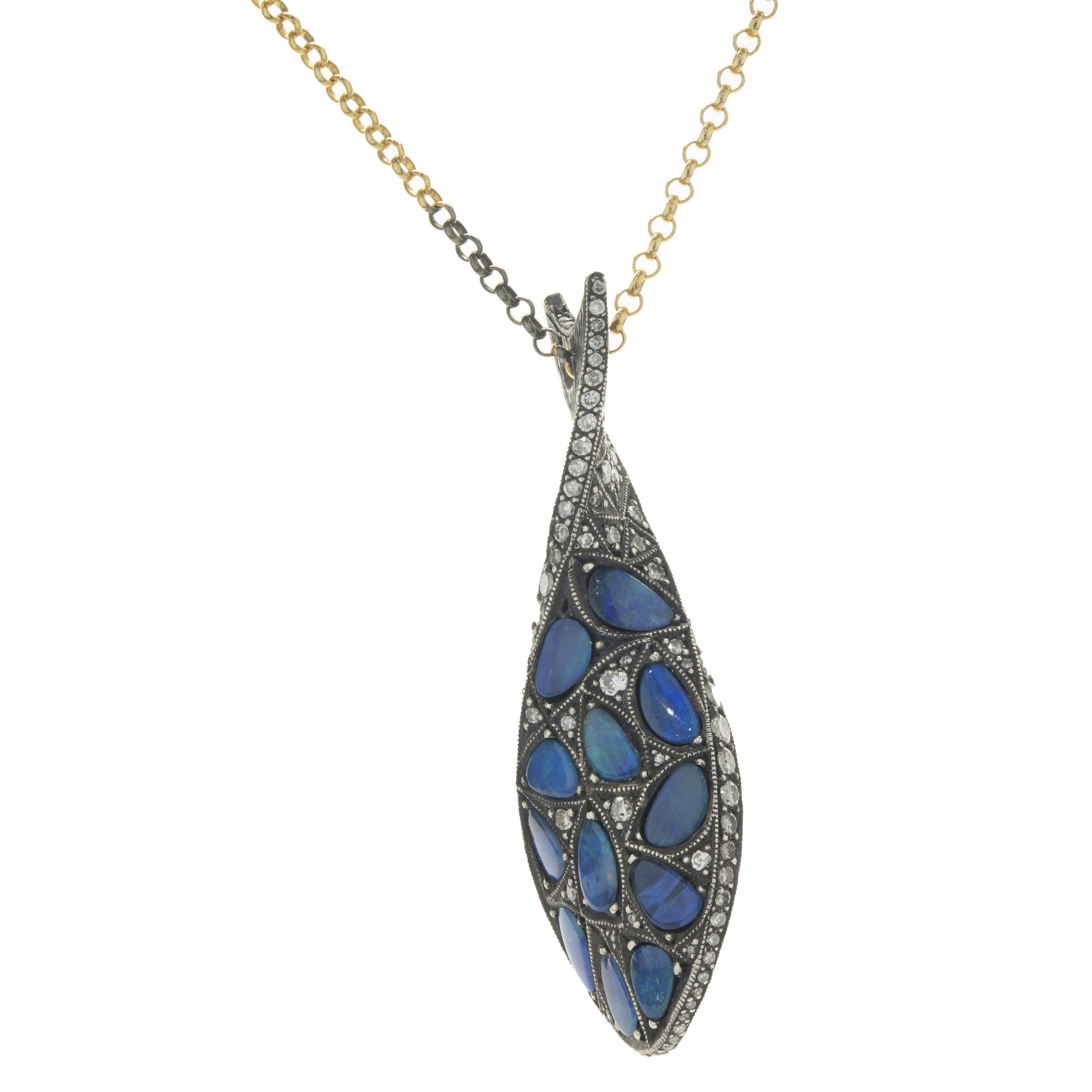 Sterling Silver Two Tone Pave Diamond and Black Opal Fish Necklace For Sale