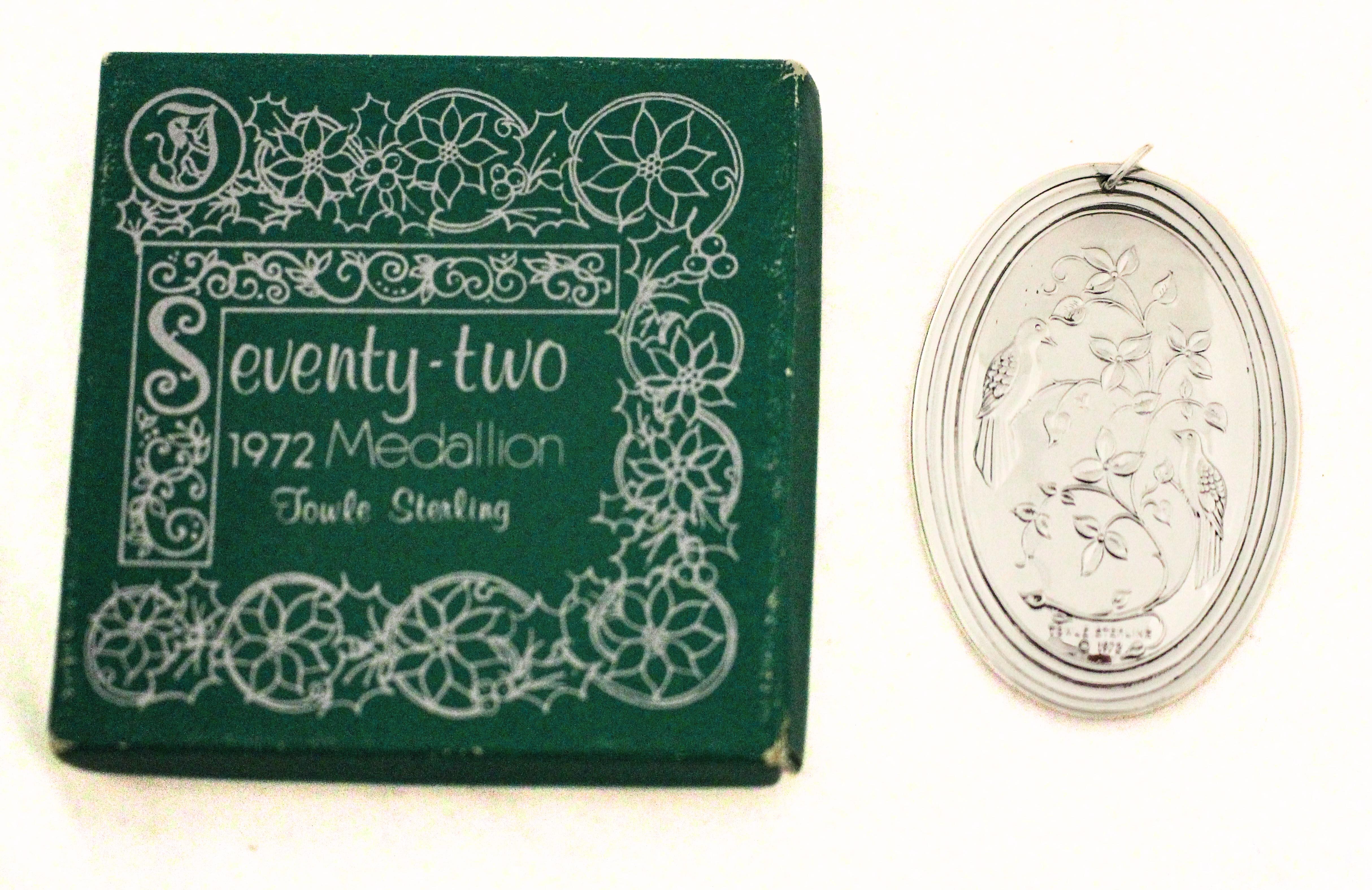 Just in time for Christmas, being offered is a sterling silver “Two Turtle Doves” ornament by Towle Silversmiths, circa 1972.  On one side are the Doves while on the other side a cross design with swirls and flowers.  A lovely way to dress up your