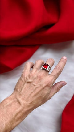 Sterling silver unisex ring with crystals and hand carved recycled plastic