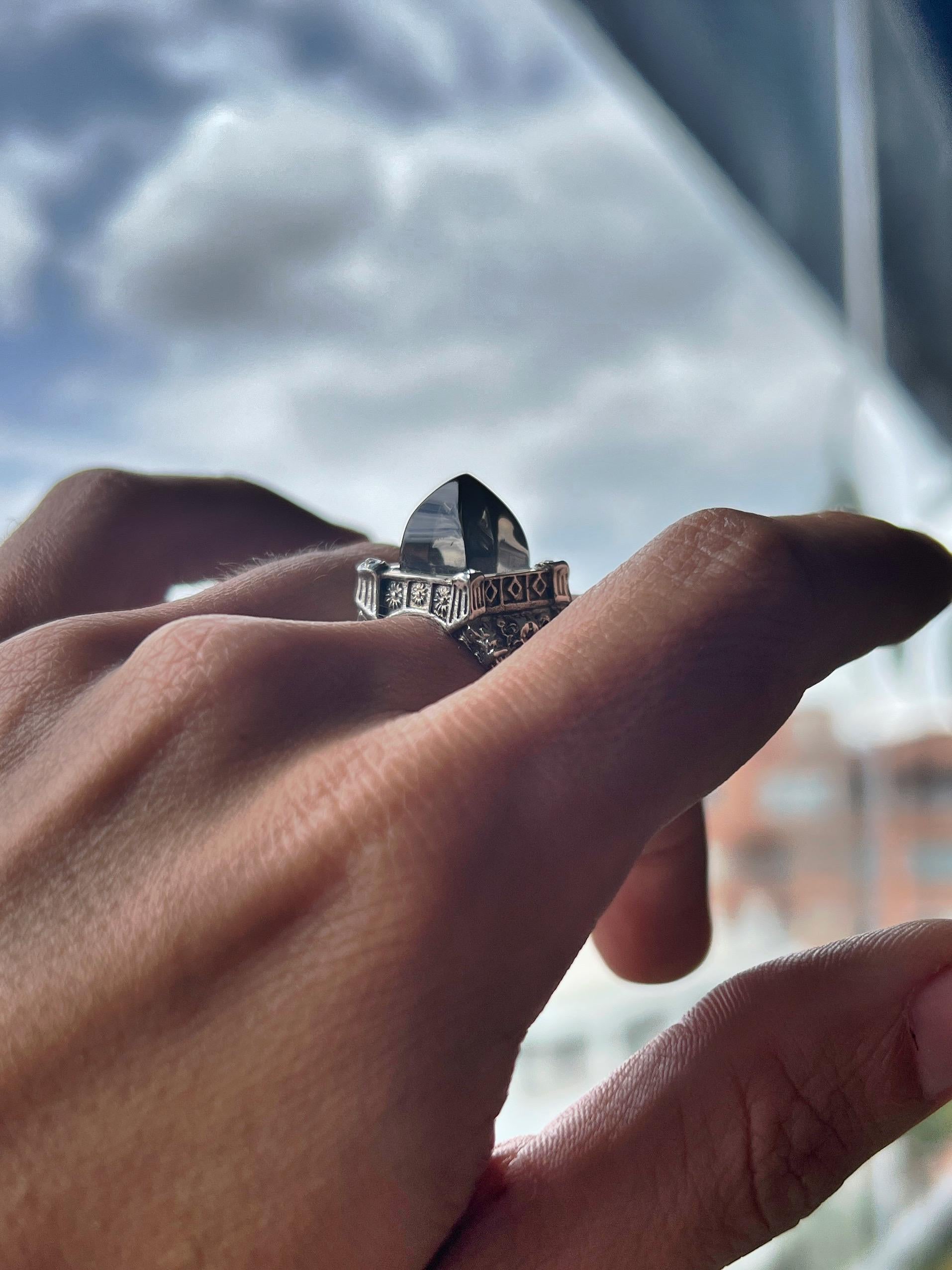 For Sale:  Sterling silver unisex ring with crystals and hand carved recycled plastic 3