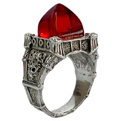 Sterling silver unisex ring with crystals and hand carved recycled plastic