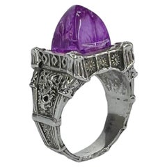 Sterling silver unisex ring with crystals and hand carved recycled plastic