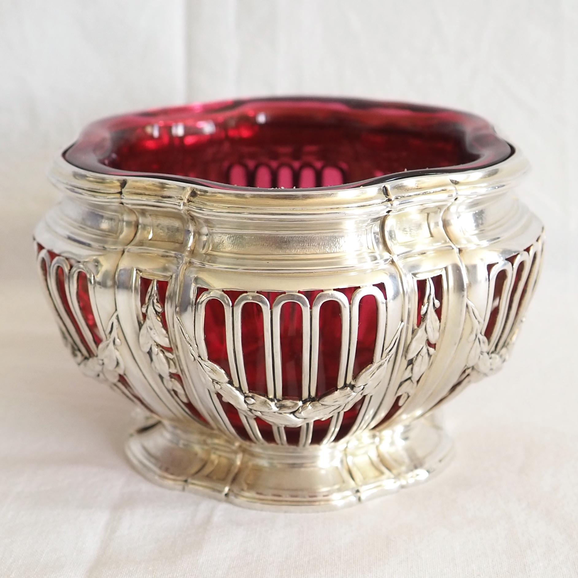 French antique sterling silver and vermeil Louis XVI style bowl or ramekin, and red Baccarat crystal glass inside.

Beautiful, refined production, typical from late 19th century productions, when silver makers delivered perfect copies of 18th