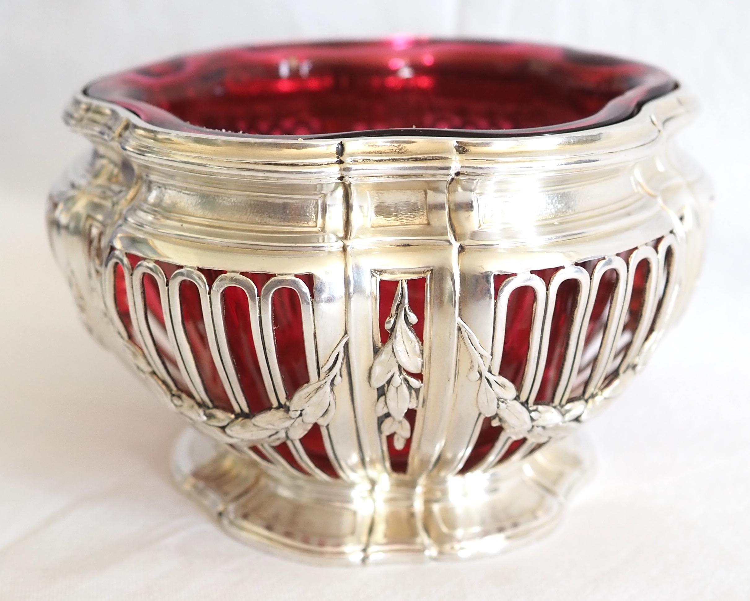 French Sterling silver, vermeil and Baccarat crystal Louis XVI style bowl / ramekin