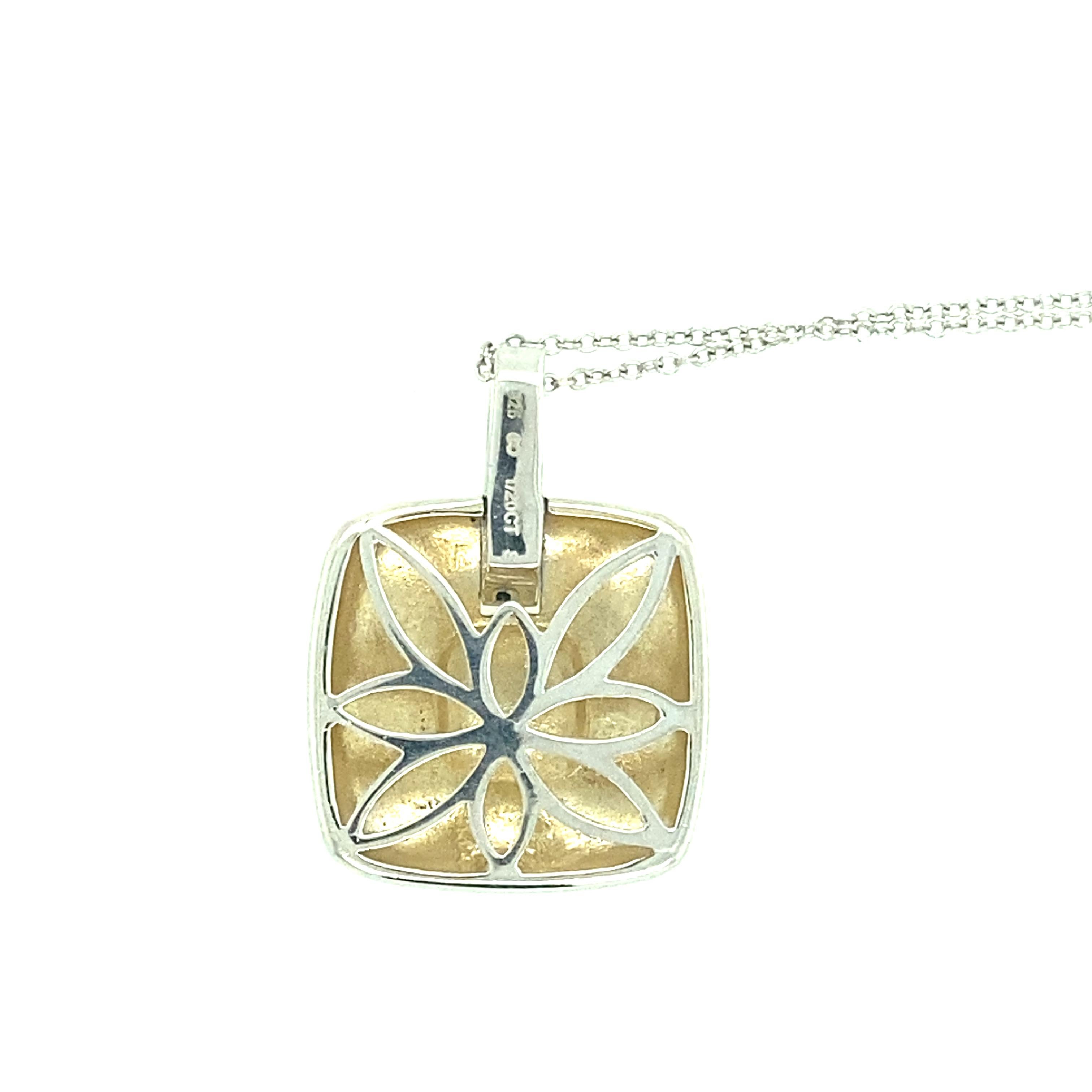 One sterling silver vermeil (stamped 925 1/20CT S)  square shaped pendant set with diamonds, 0.07 carat total weight with matching I/J color and I1 clarity.  The pendant measures one inch long and is suspended from an 18 inch sterling silver cable