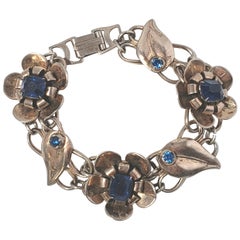 Vintage Sterling Silver Vermeil Flower Link Blue Stone Bracelet