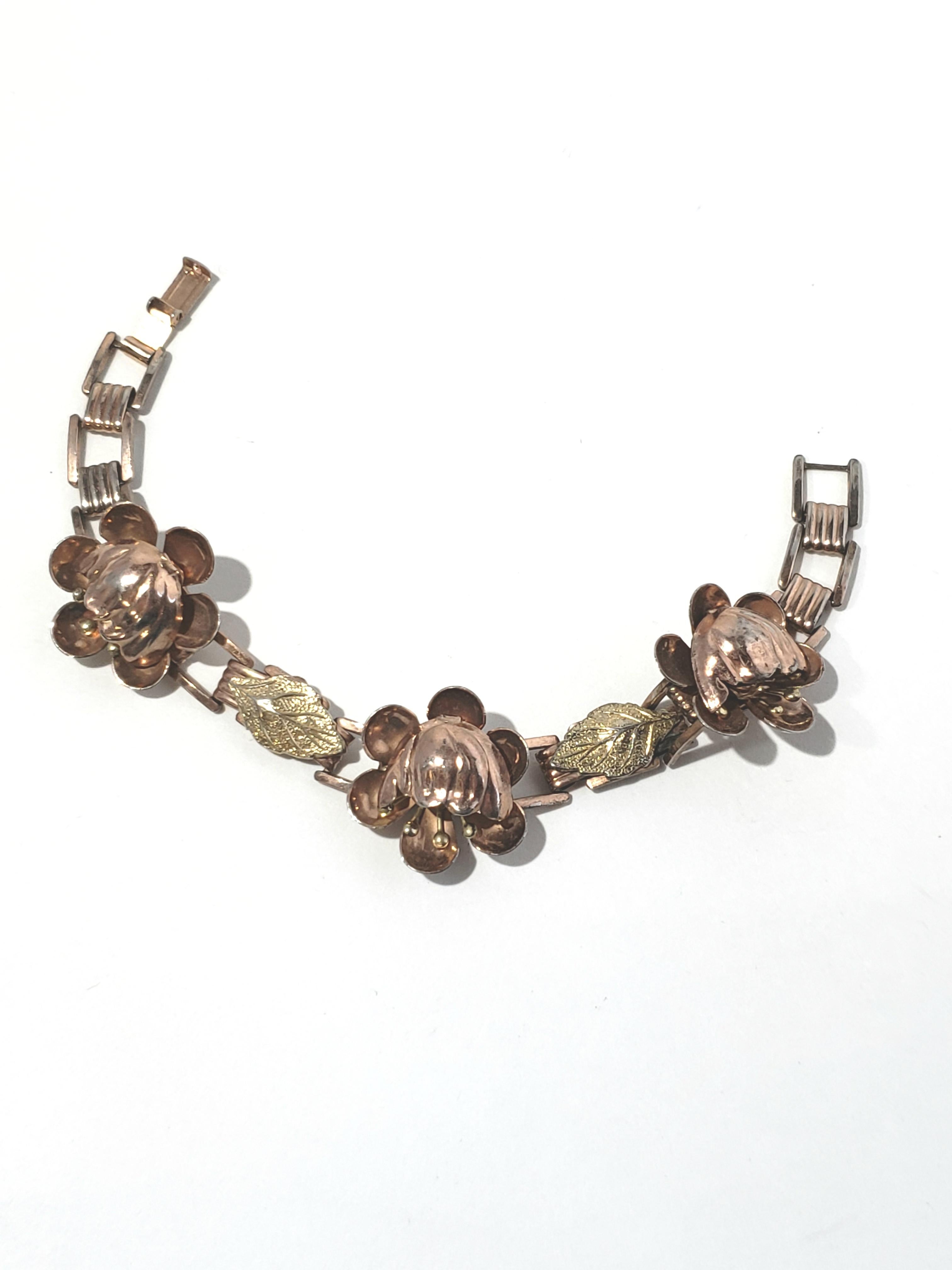 Women's or Men's Sterling Silver Vermeil Flower Link Bracelet For Sale
