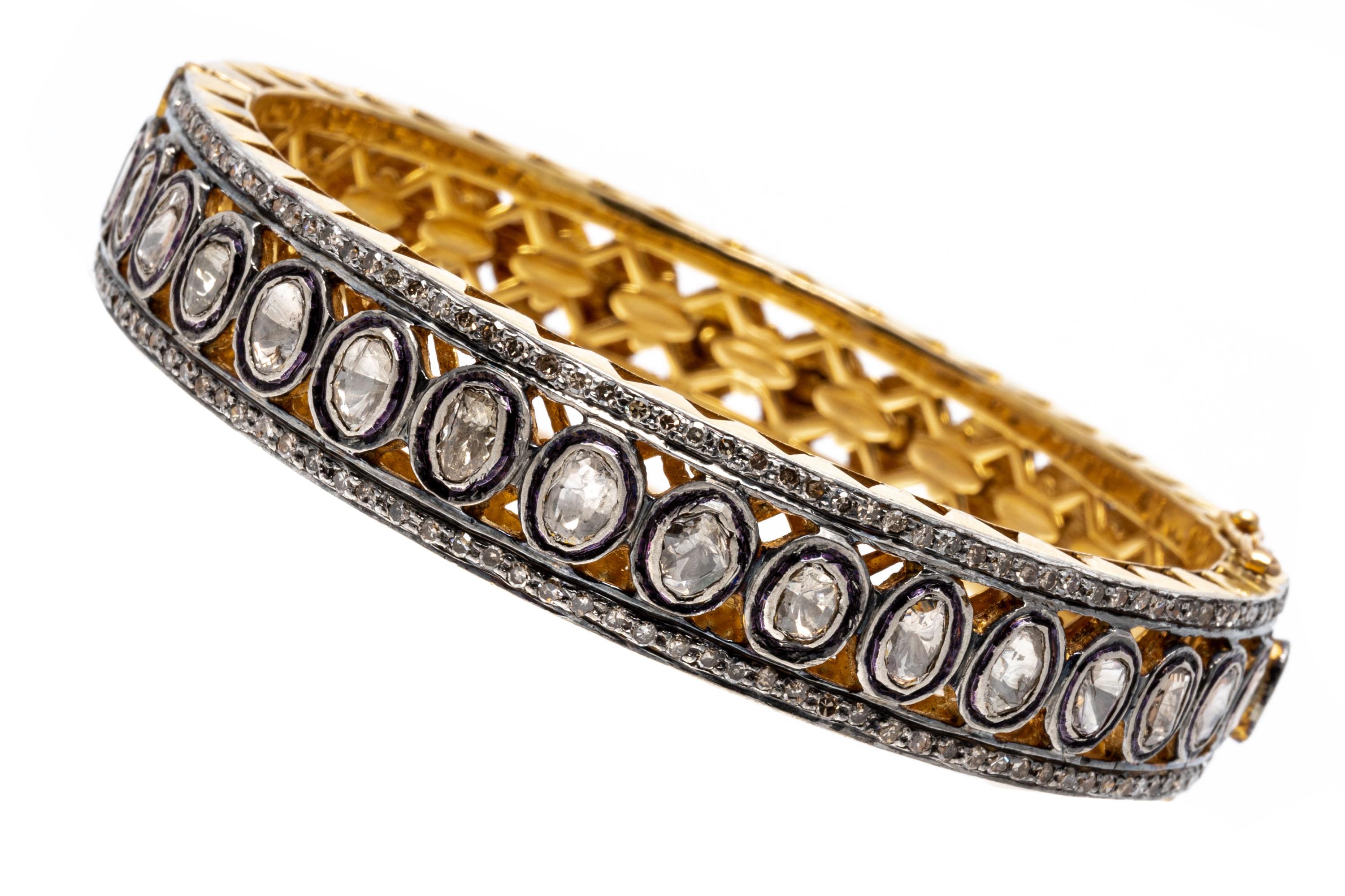 Round Cut Sterling Silver Vermeil Macle and Round Diamond Hinged Bangle, App. 1.10 TCW