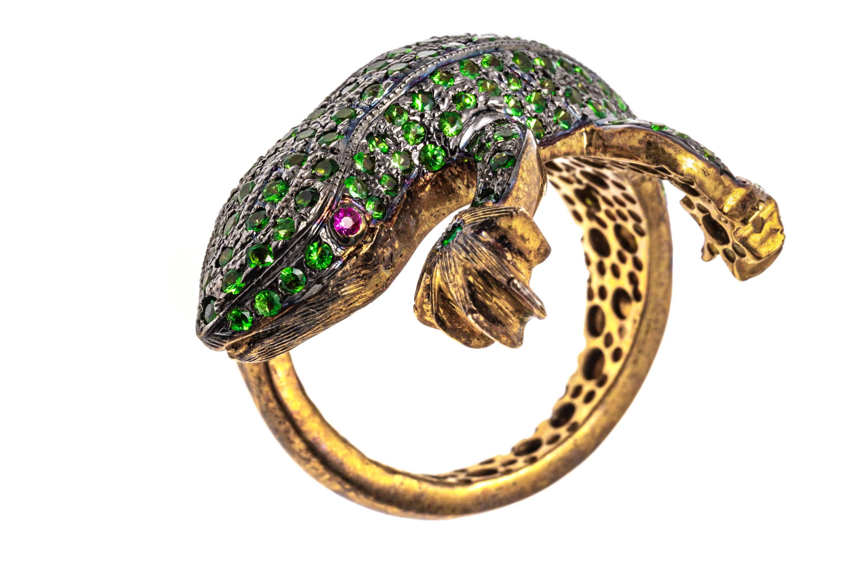 Sterling Silver Vermeil Pave Set Tsavorite Bypass Lizard Ring For Sale 2