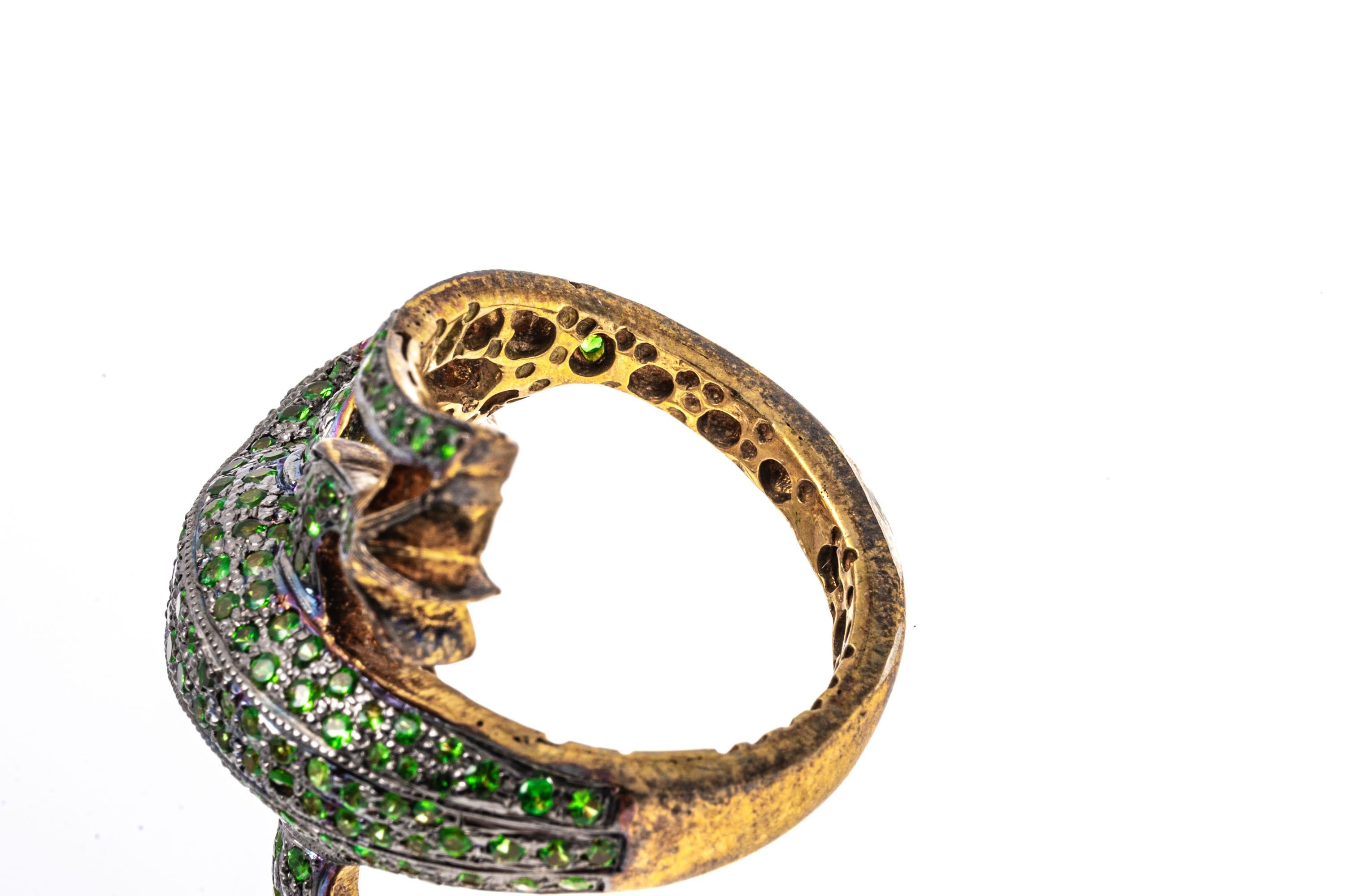 Sterling Silver Vermeil Pave Set Tsavorite Bypass Lizard Ring For Sale 3