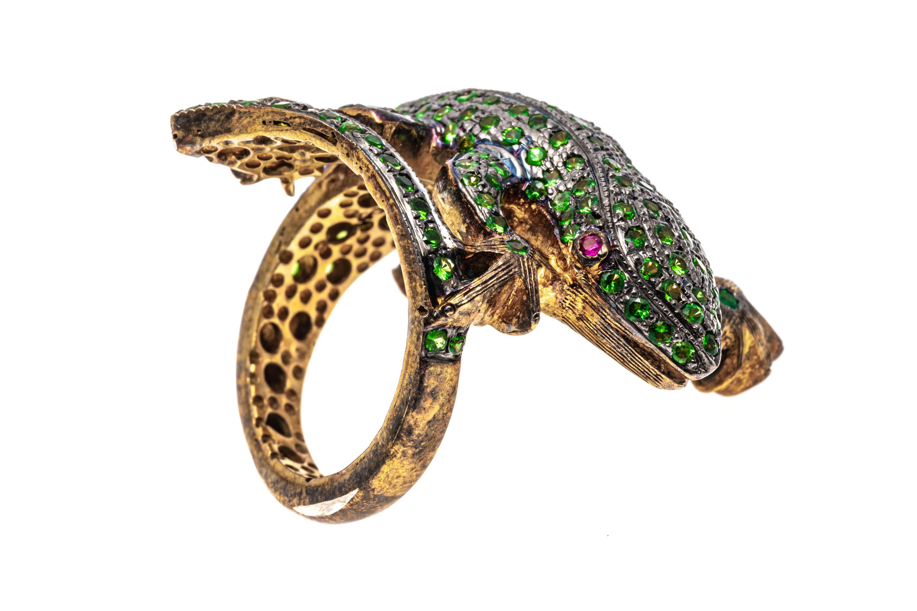 Sterling Silver Vermeil Pave Set Tsavorite Bypass Lizard Ring For Sale 4