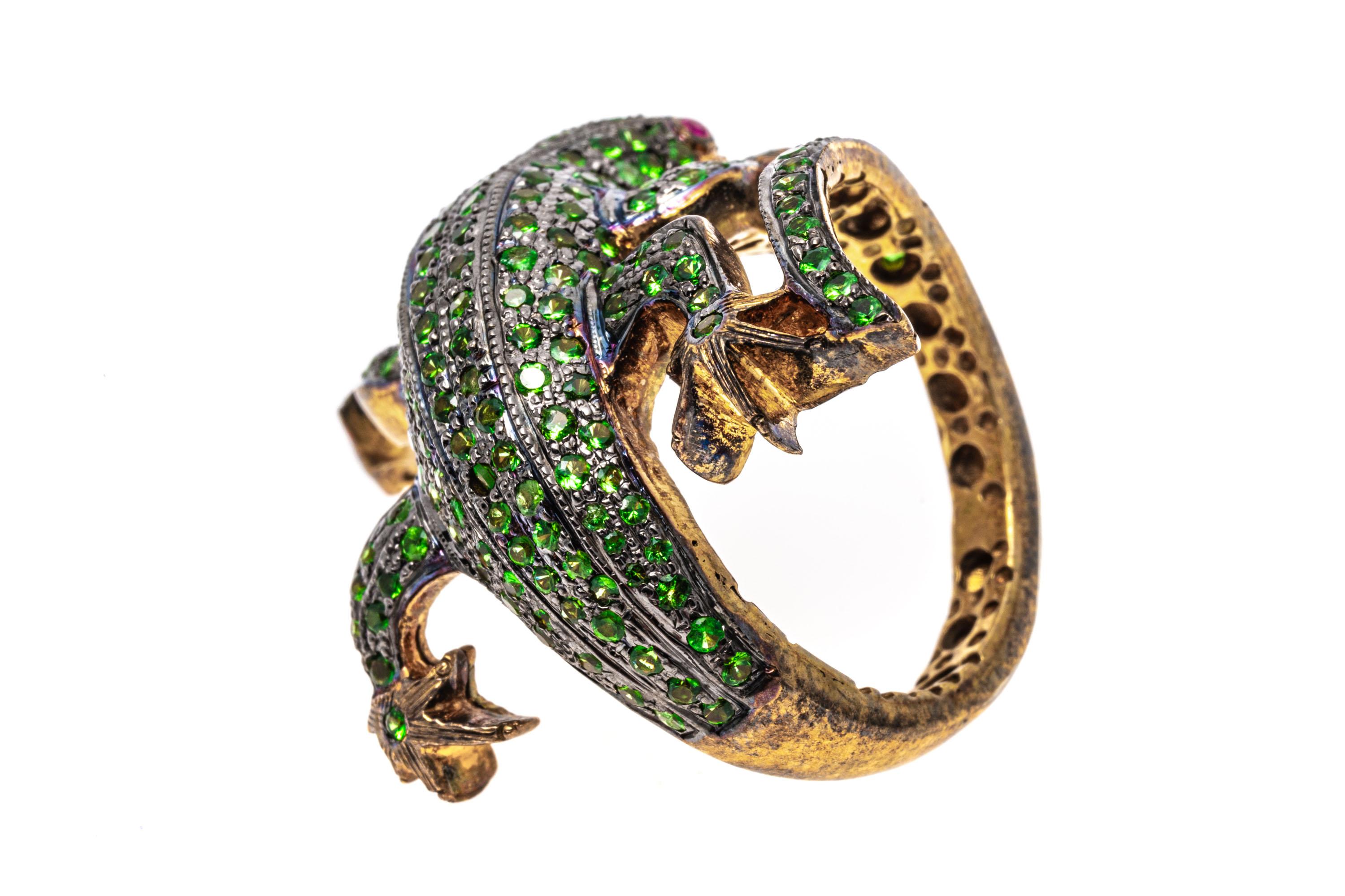 Sterling Silver Vermeil Pave Set Tsavorite Bypass Lizard Ring In Good Condition For Sale In Southport, CT