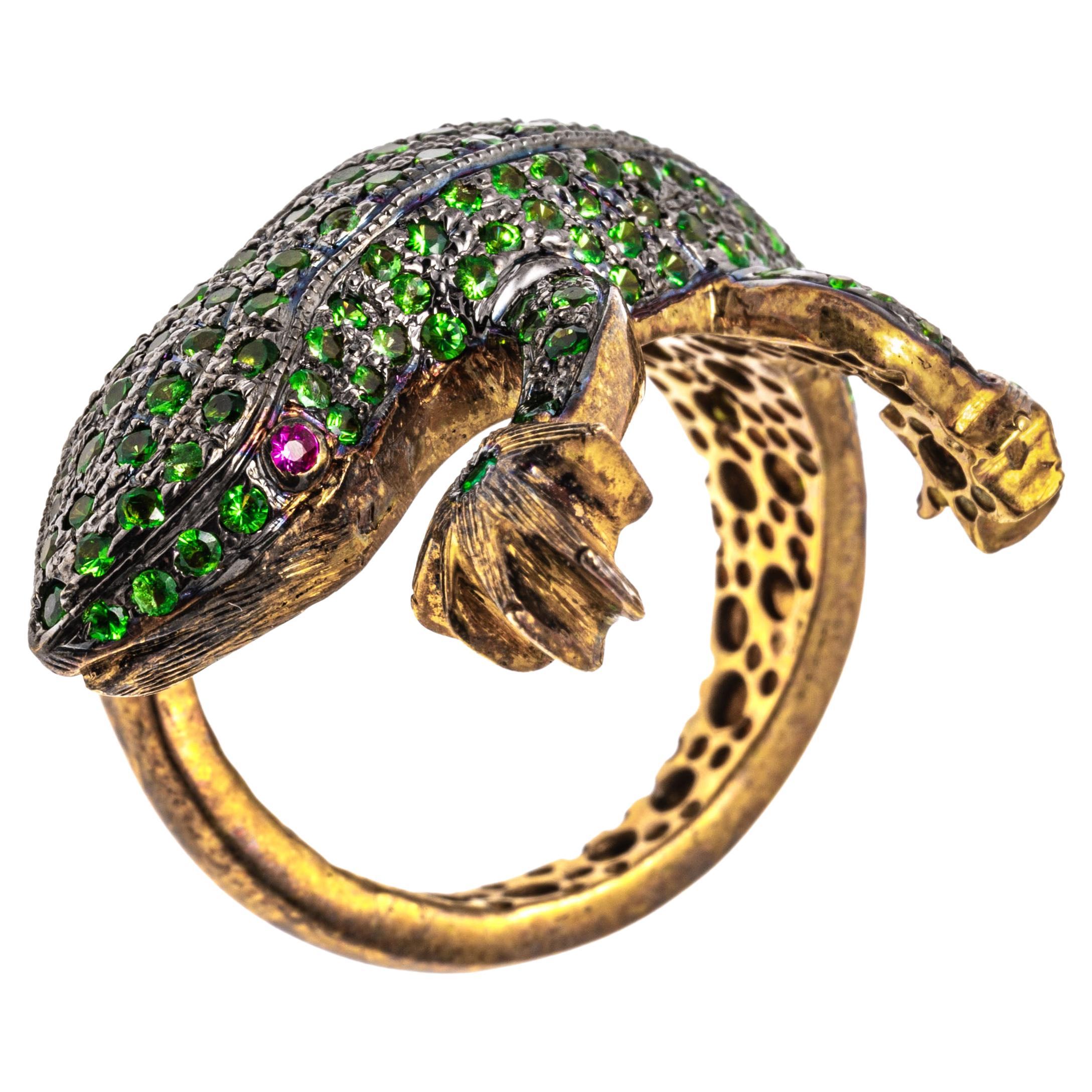 Bague en argent sterling vermeil avec tsavorite sertie en pavé et lézard de dérivation