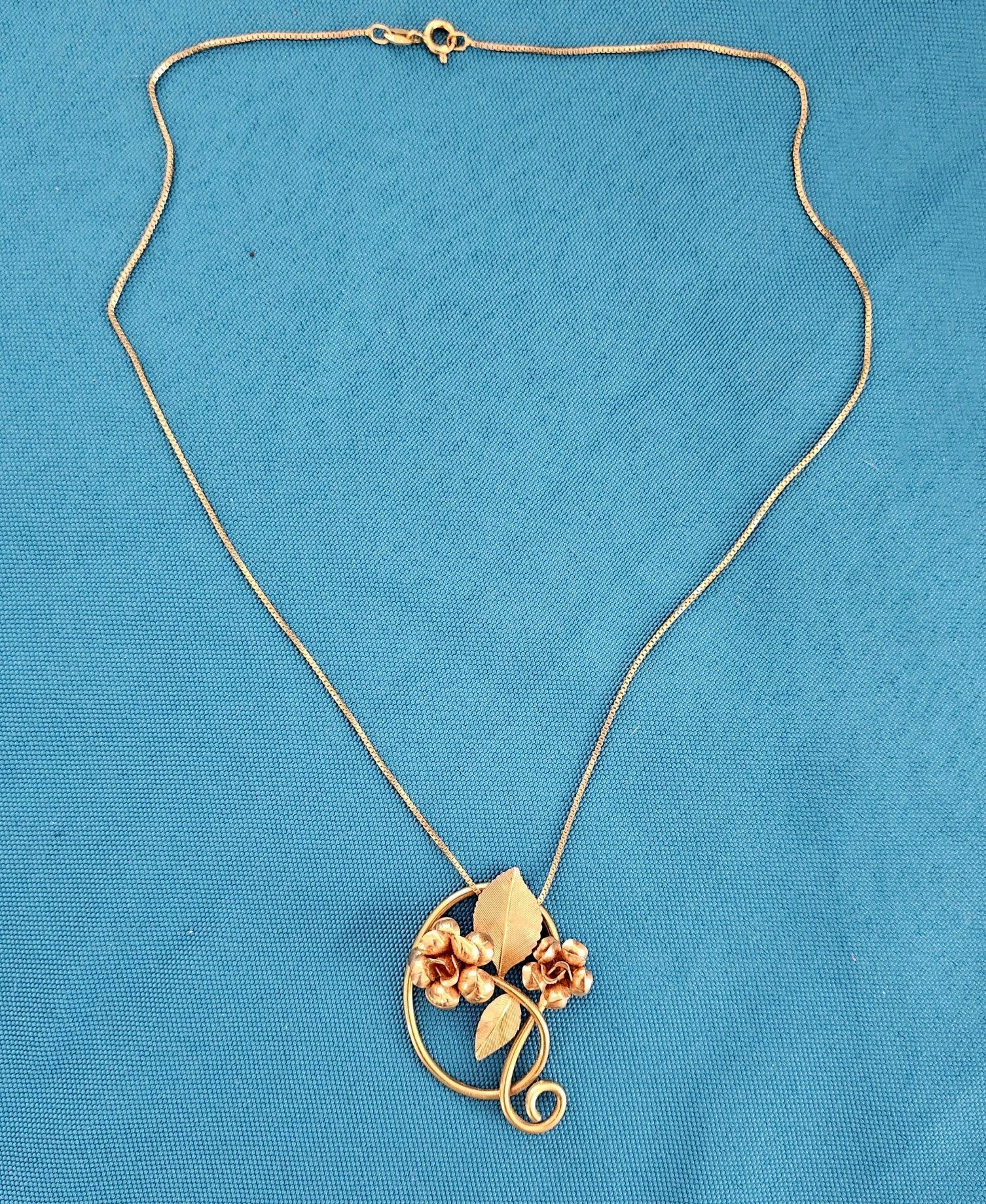 Sterling Silver/Vermeil Pendact Necklace, Stamped, Krementz or Black Hills Gold
This pendant looks a lot like a Black Hills Gold piece, but since the chain appears to be vermeil, we are assuming that the pendant is more likely that as well.  The