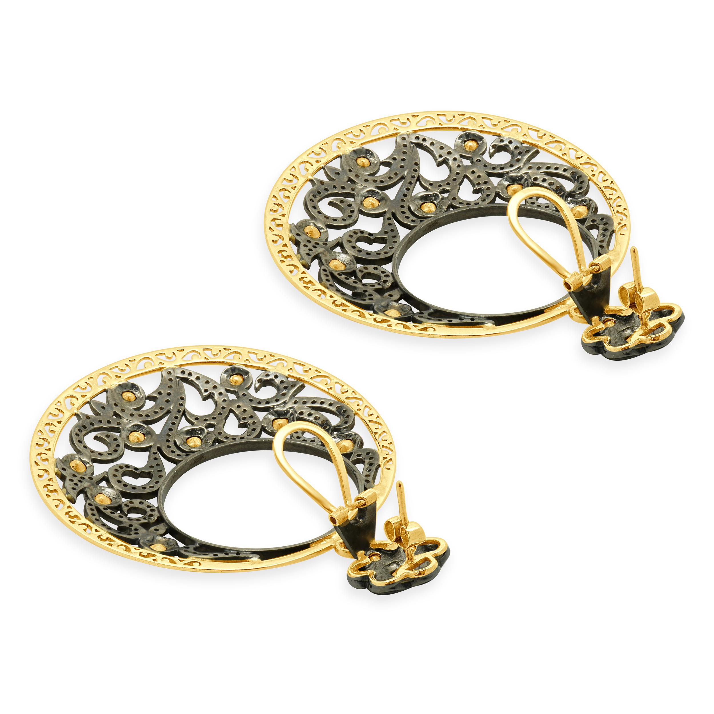 Sterling Silver Vermeil Vintage Diamond Circle Drop Earrings In Excellent Condition For Sale In Scottsdale, AZ