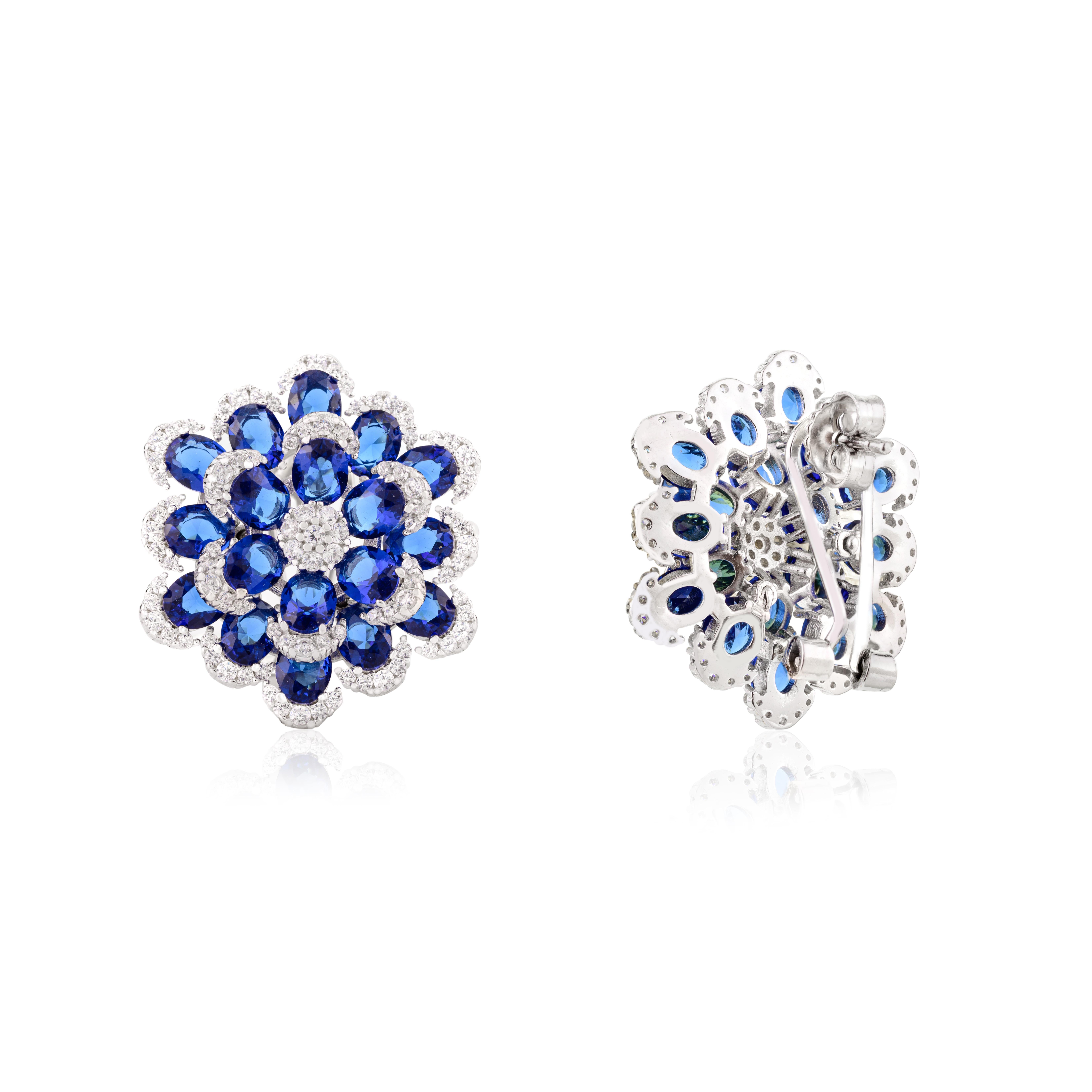 Art Deco Silver Vibrant Blue Color Zircon Floral Stud Earrings Fashion Jewelry for Mom For Sale