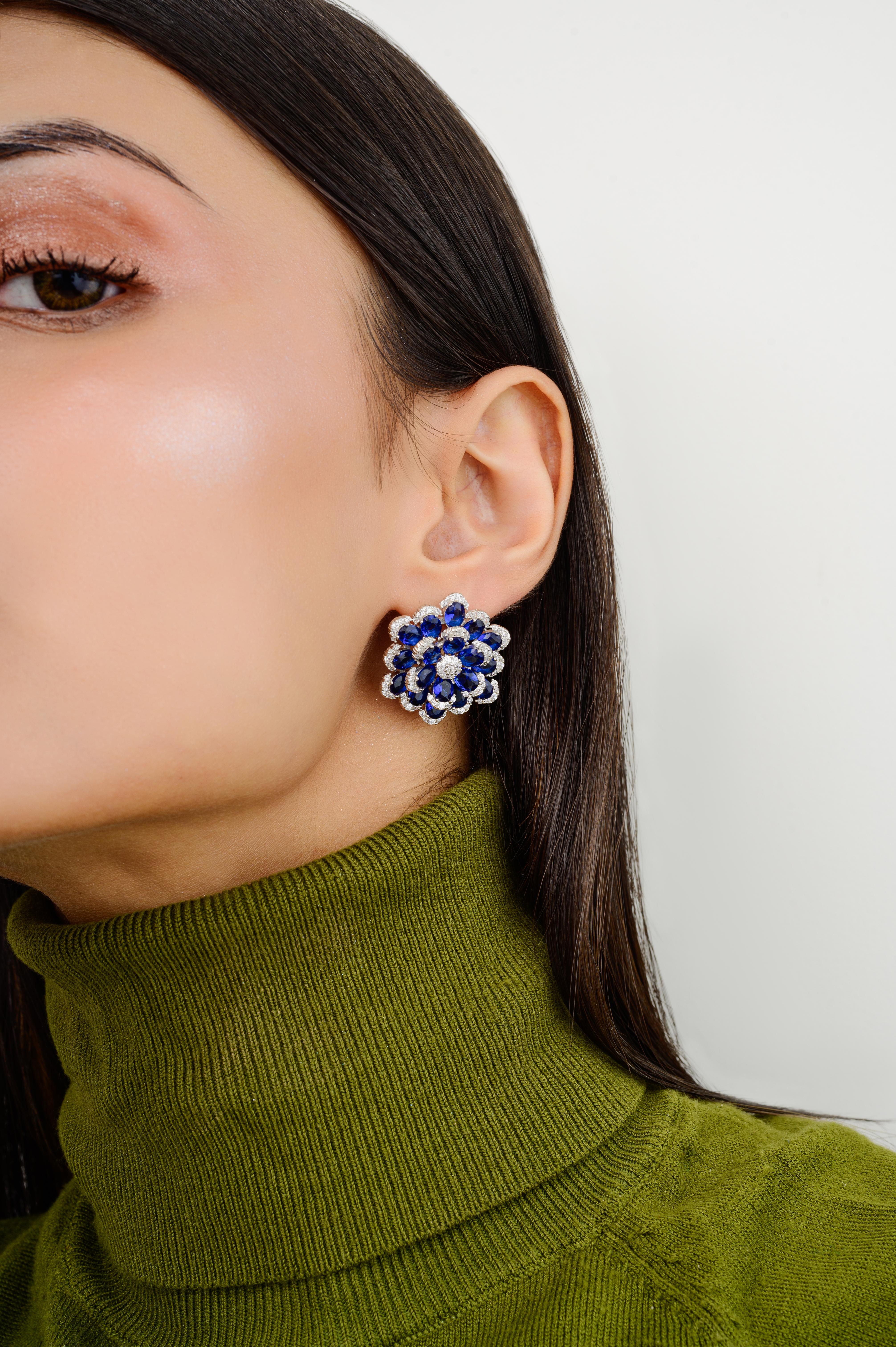 Oval Cut Silver Vibrant Blue Color Zircon Floral Stud Earrings Fashion Jewelry for Mom For Sale