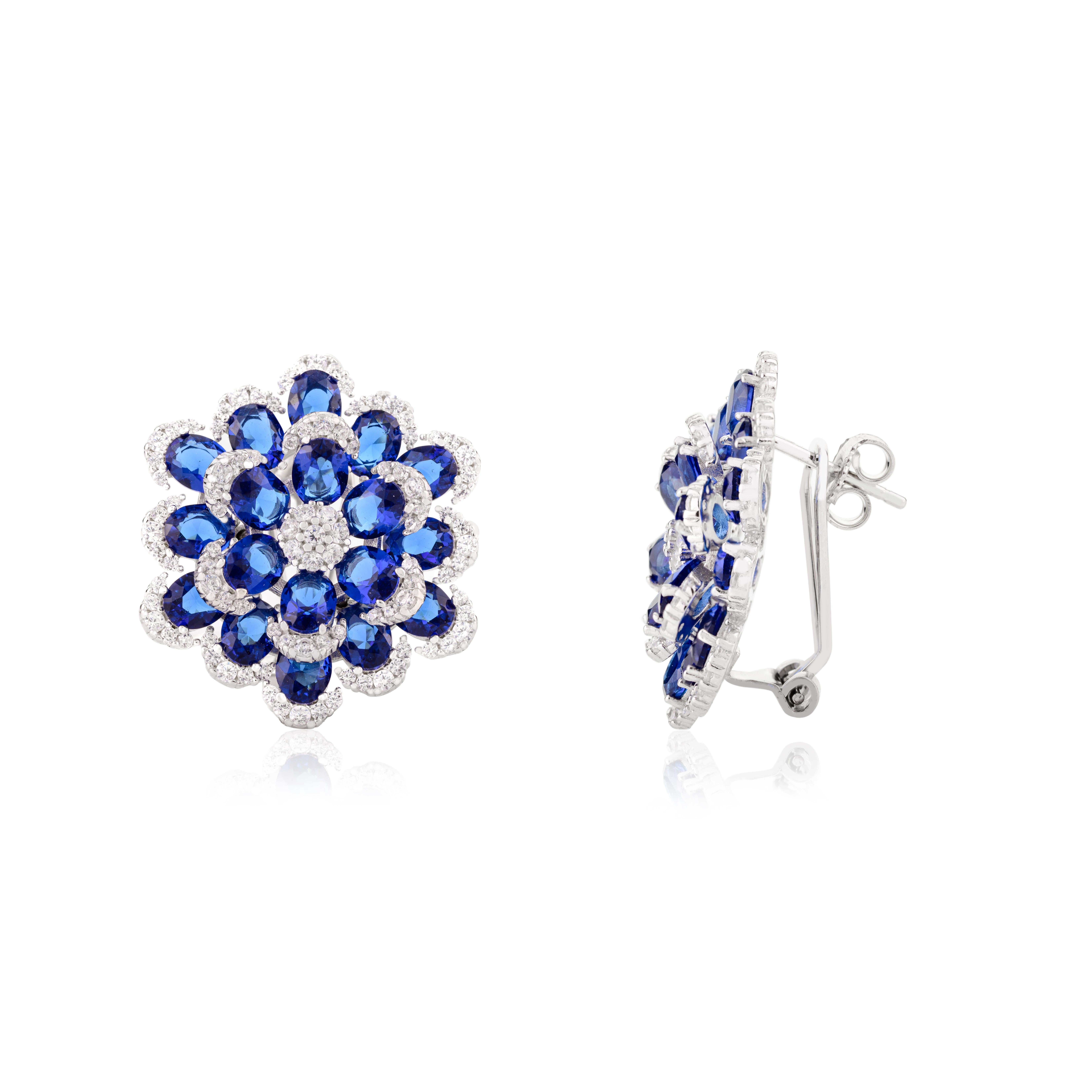 Silver Vibrant Blue Color Zircon Floral Stud Earrings Fashion Jewelry for Mom For Sale 1