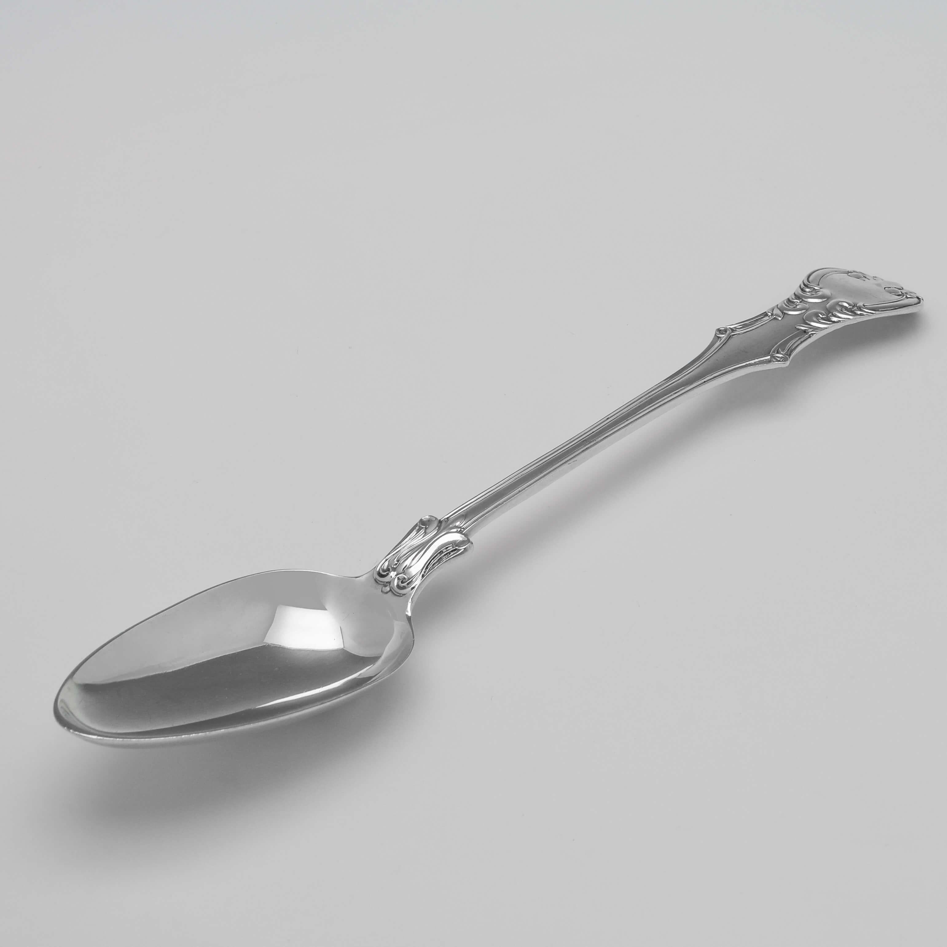 Hallmarked in London in 1855 by Henry Holland, this Victorian, Antique Sterling Silver Basting Spoon, is in 'Victoria' pattern. 

The basting spoon measures 12