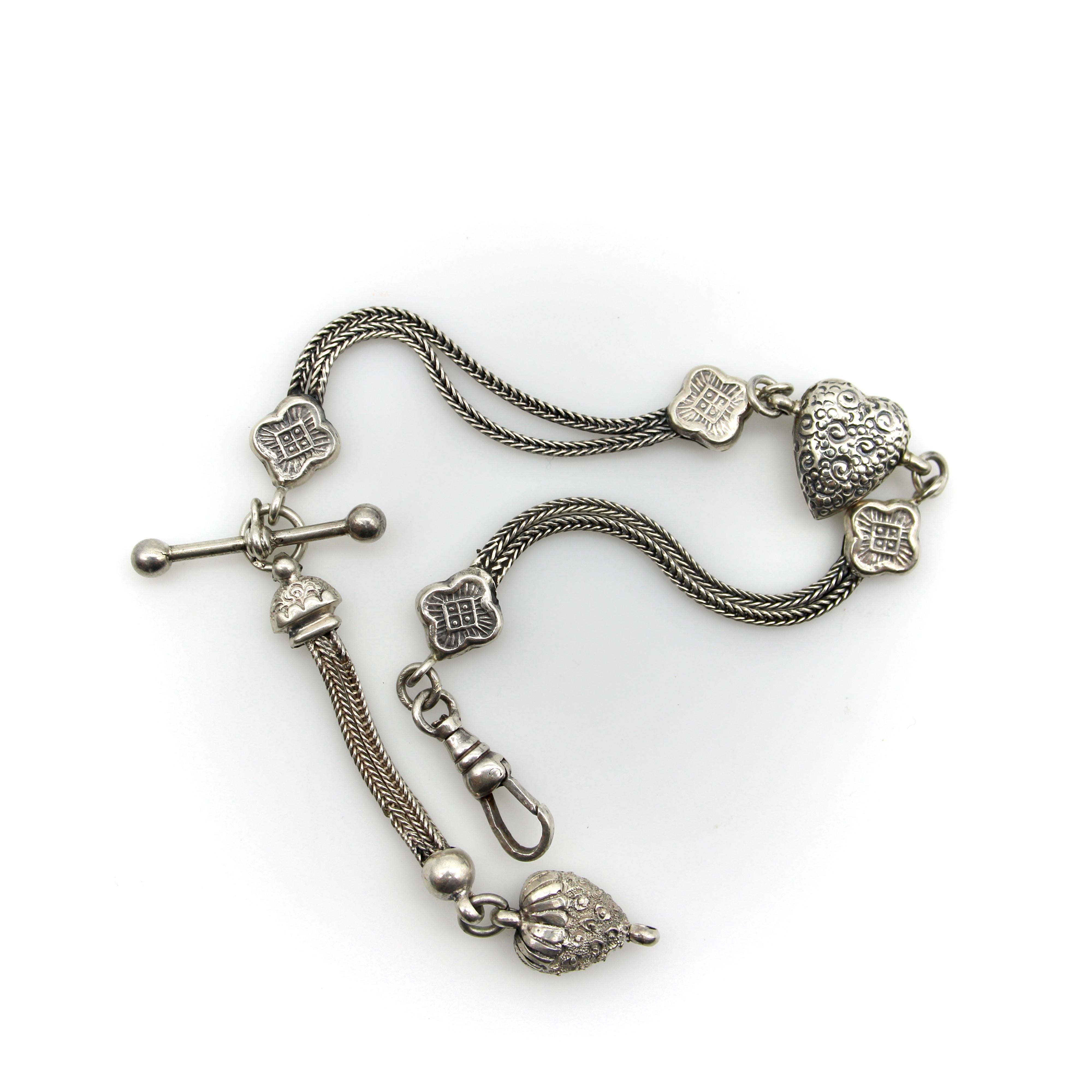 Sterling Silber Viktorianische Albertina Uhrenkette oder Armband mit Herz und T-Bar (Arts and Crafts) im Angebot