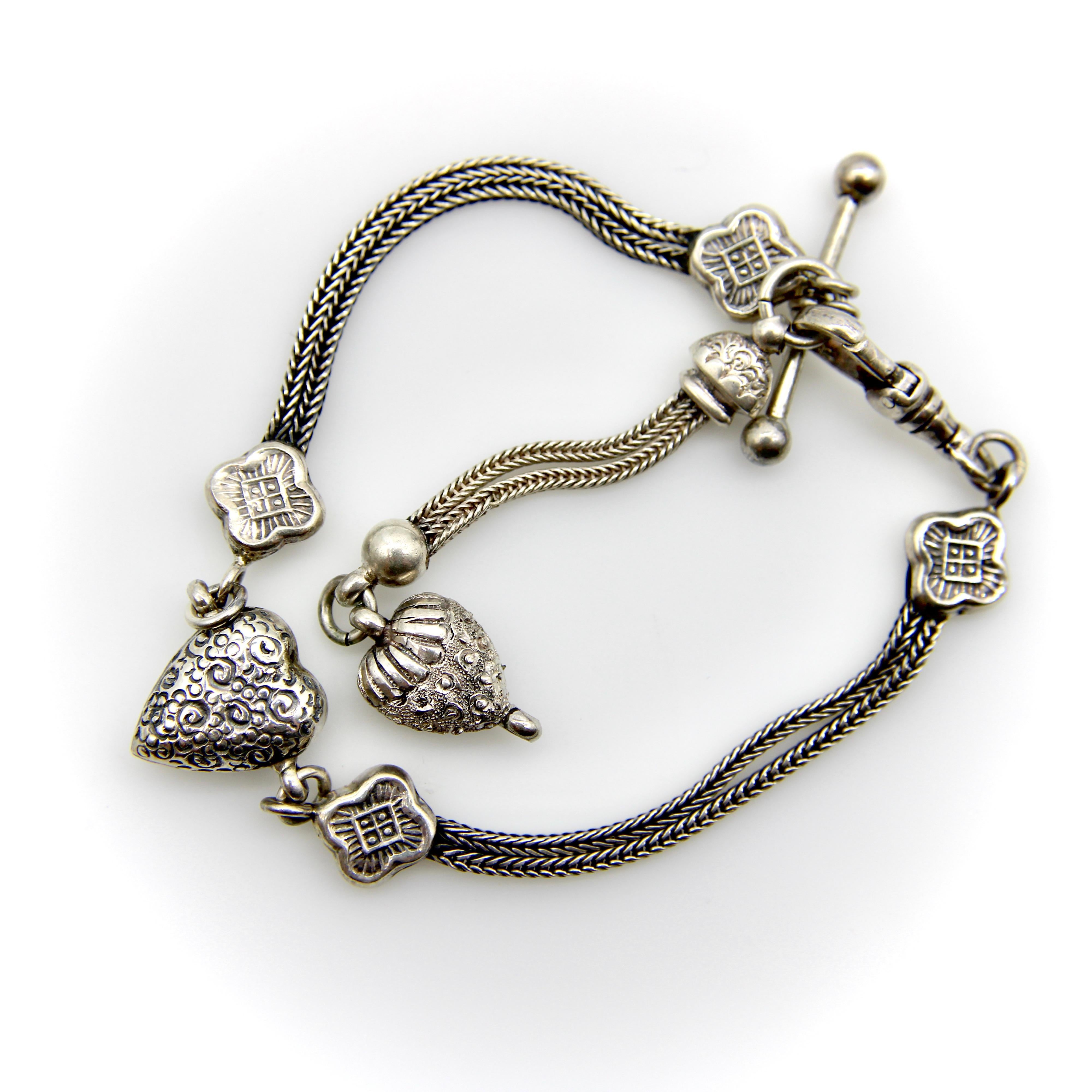 Sterling Silber Viktorianische Albertina Uhrenkette oder Armband mit Herz und T-Bar im Zustand „Gut“ im Angebot in Venice, CA