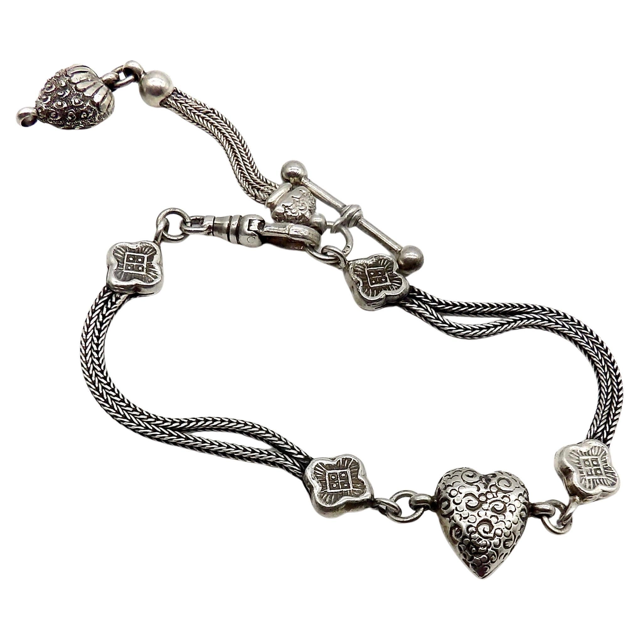 Cadena o pulsera de reloj victoriana Albertina de plata de ley con corazón y barra en T
