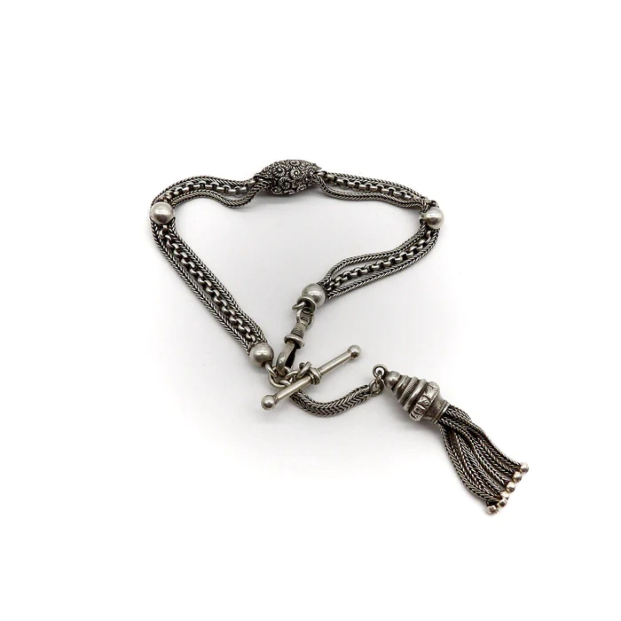 Sterling Silber Viktorianische Albertina Uhrenanhänger Kette und Armband, um 1890 für Damen oder Herren im Angebot