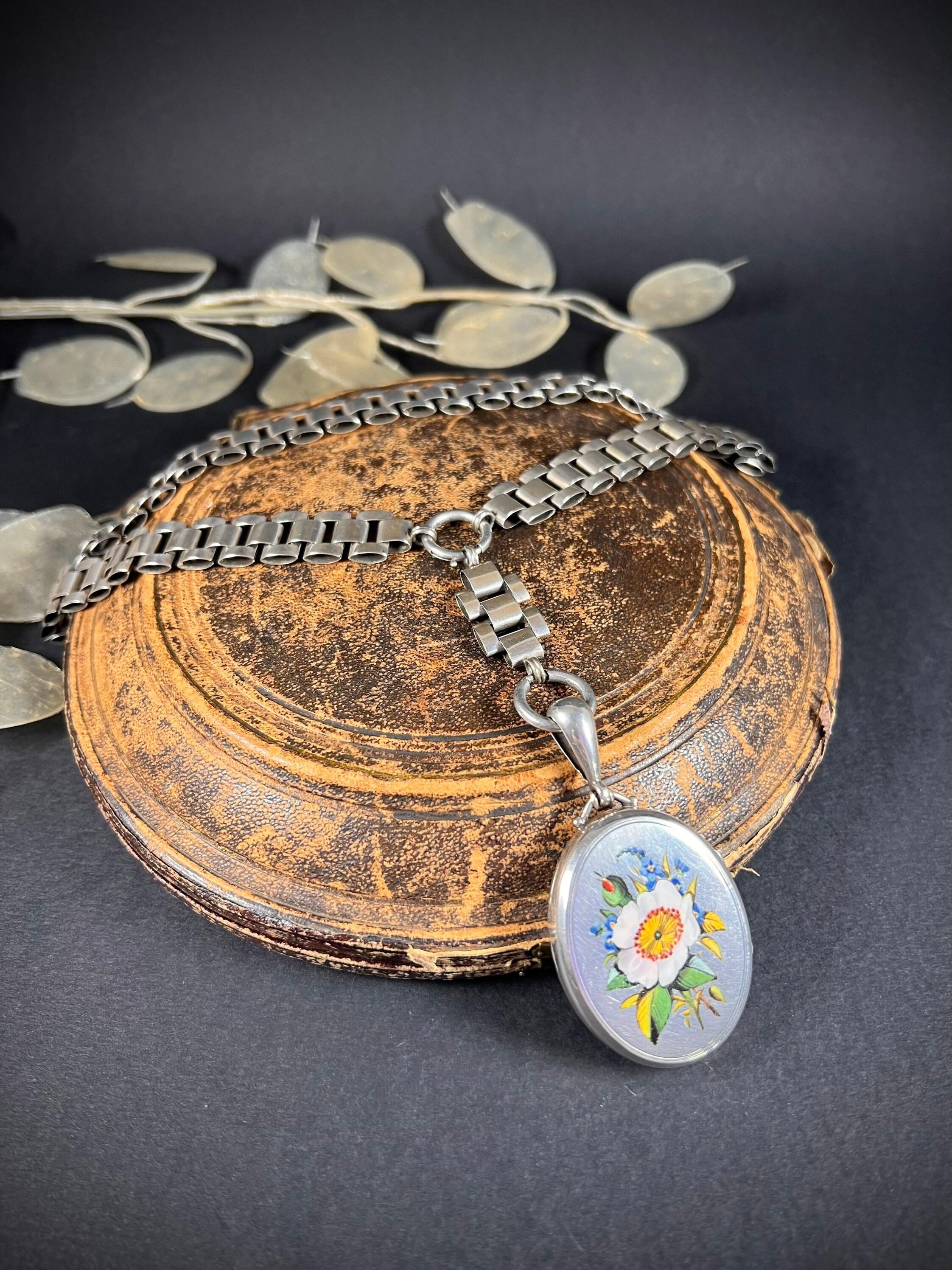 Sterling Silver Victorian Book Chain Collar Enamel Locket Necklace original Box 7