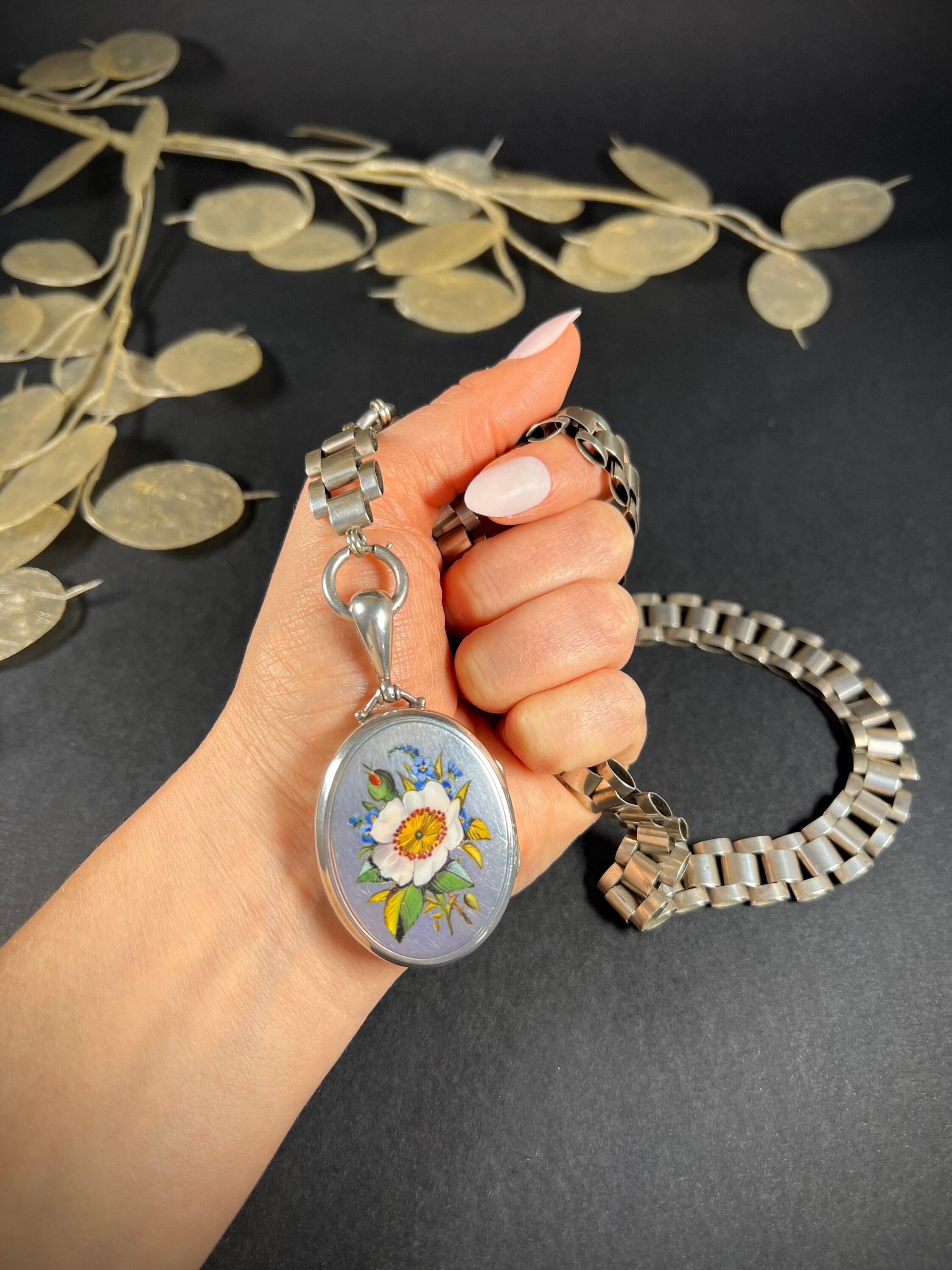 Women's or Men's Sterling Silver Victorian Book Chain Collar Enamel Locket Necklace original Box