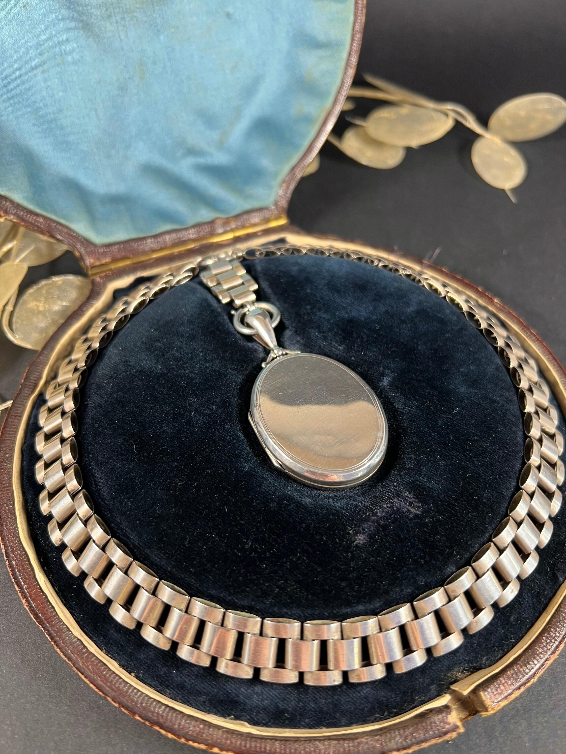 Sterling Silver Victorian Book Chain Collar Enamel Locket Necklace original Box 5