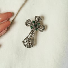 Sterling Silver Victorian Silver Cross Brooch Pendant with Emerald & Diamond