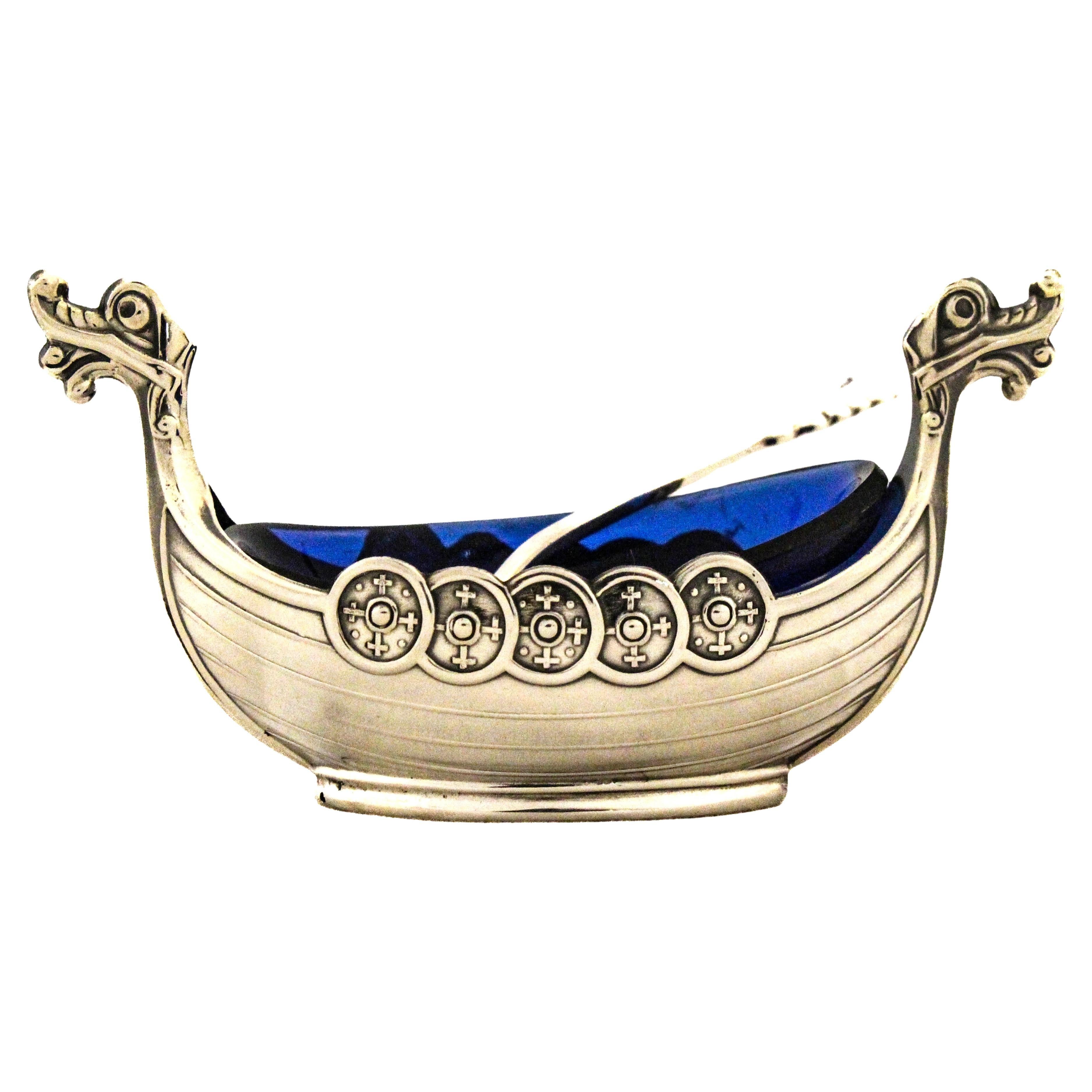 Sterling Silver Viking Longship Salt Cellar w/ Spoon
