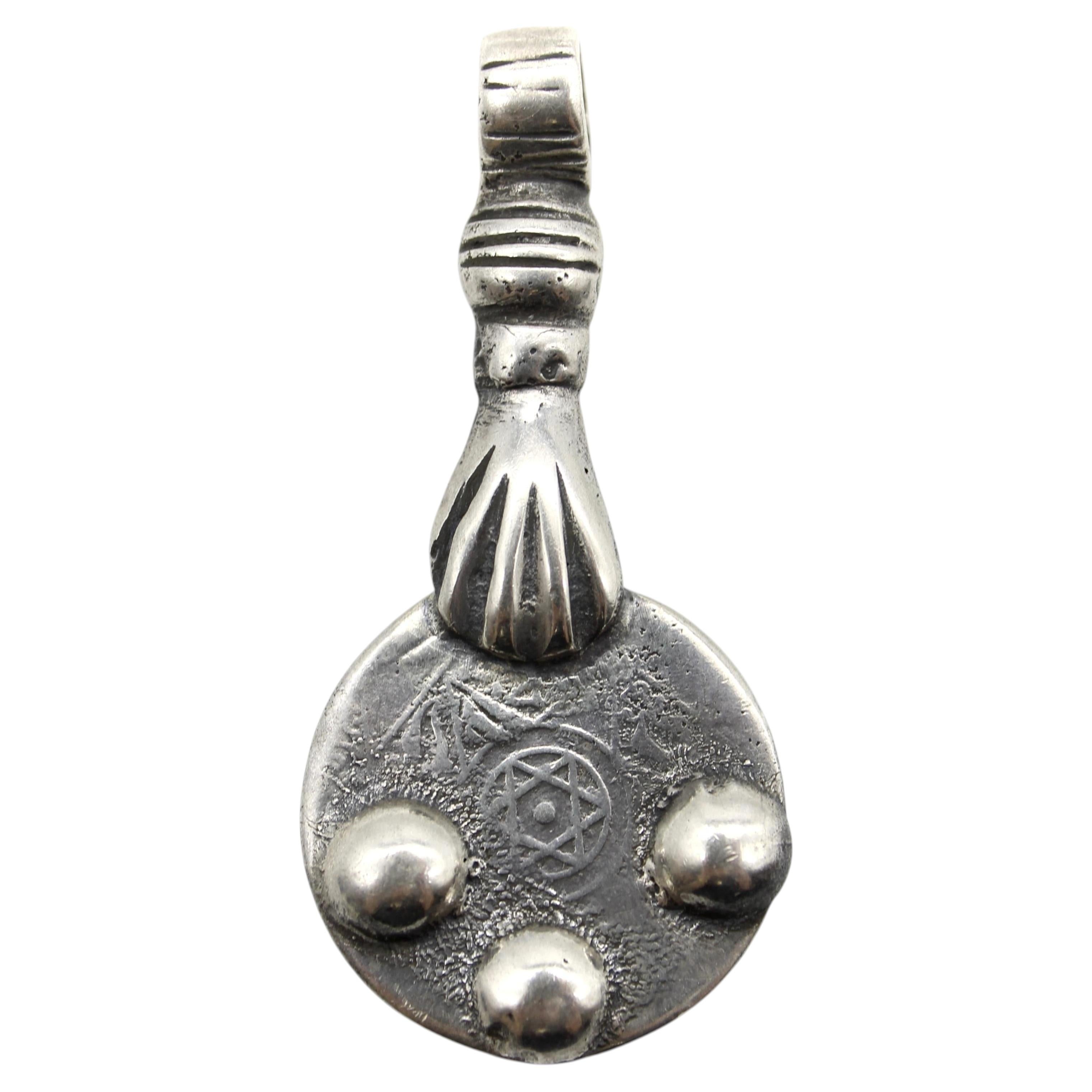 Sterling Silver Vintage Berber Coin Pendant with Hand from Morocco