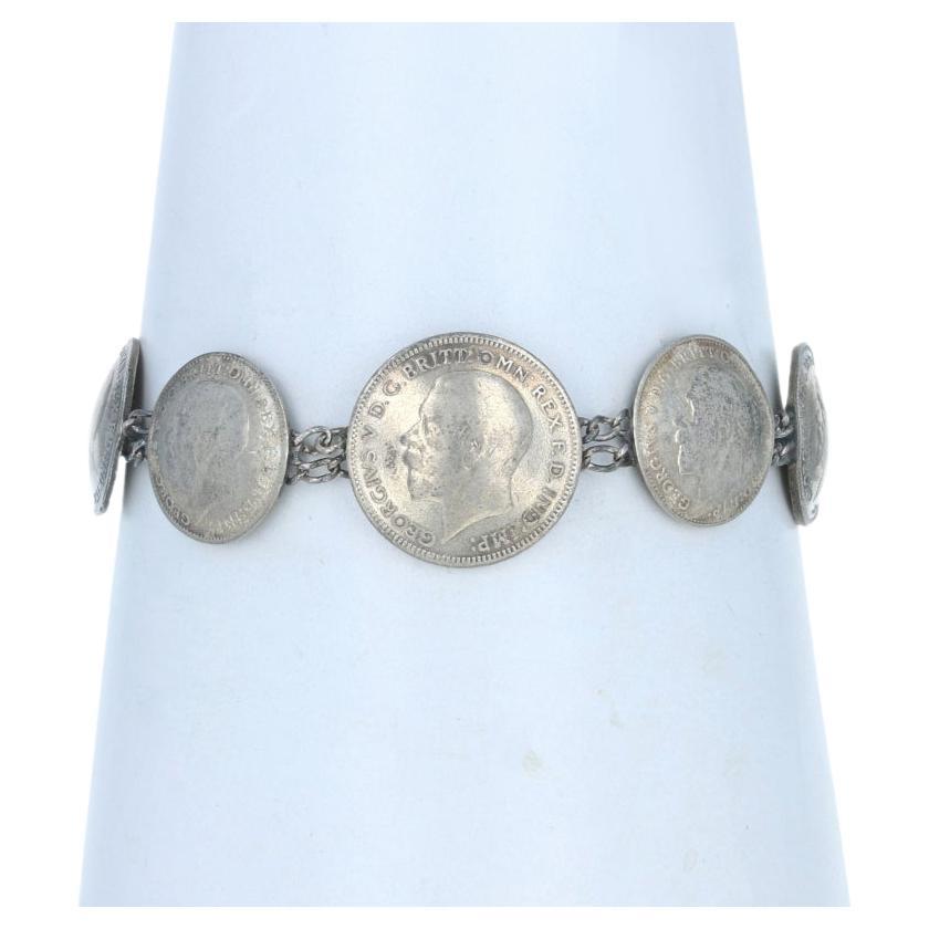 Sterling Silver Vintage British Currency Station Bracelet 6 3/4" 925 & 50%Silver For Sale