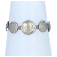 Sterling Silver Vintage British Currency Station Bracelet 6 3/4" 925 & 50%Silver