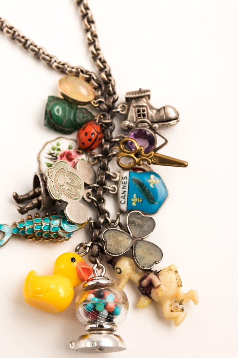 Sterling Silver Vintage Charm Cluster Necklace For Sale at 1stDibs