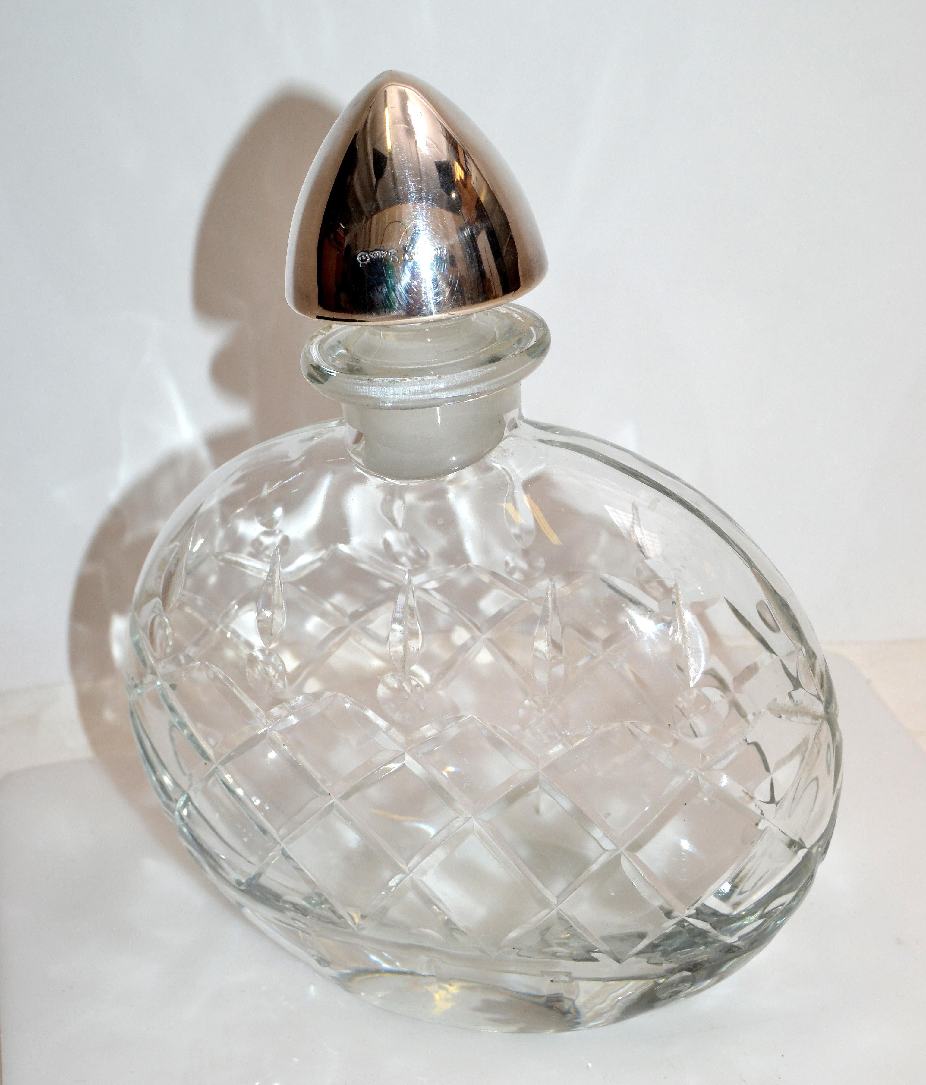 20th Century Sterling Silver Vintage Clear Cut Art Glass Perfume Bottle with Silver Stopper For Sale