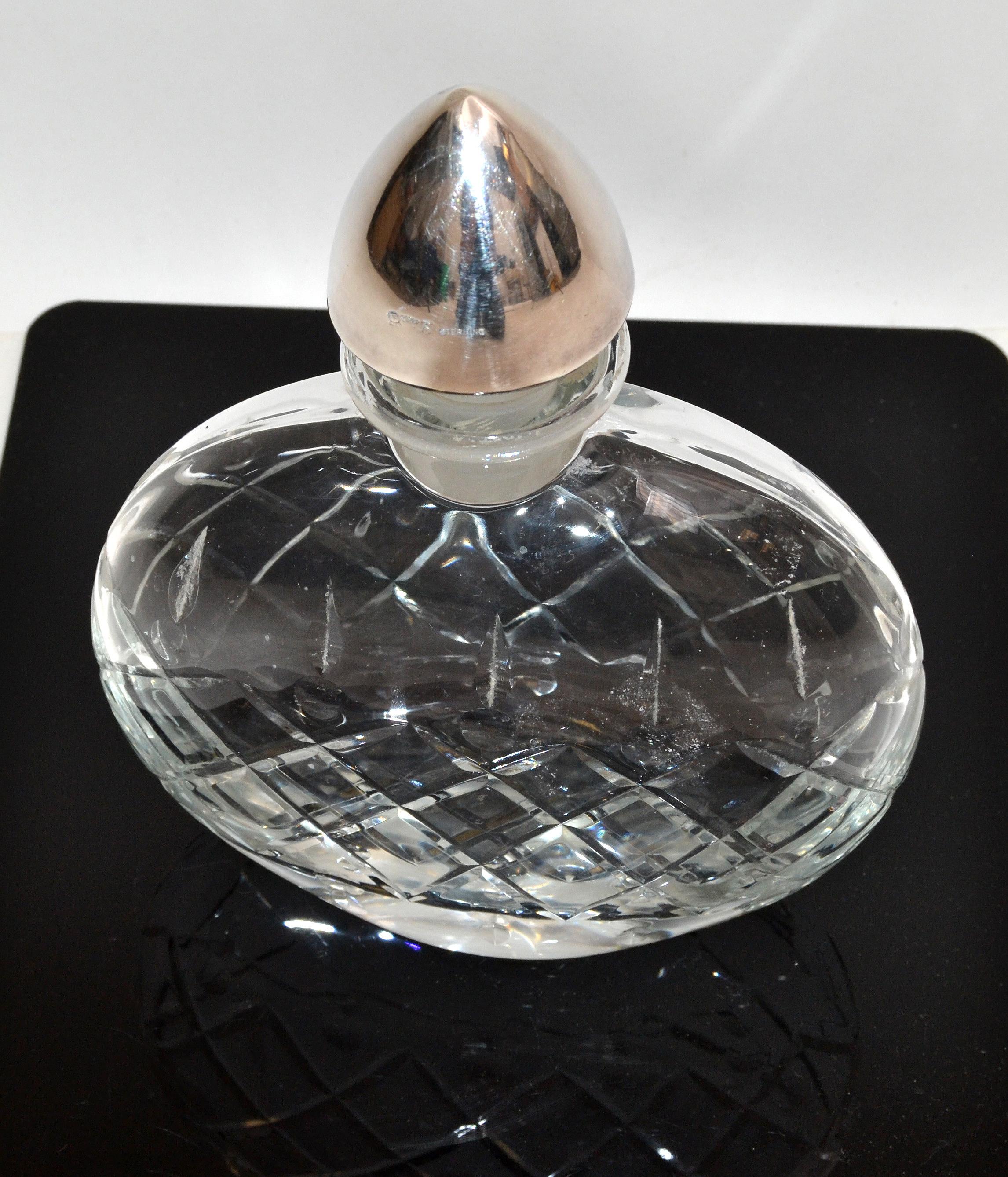Mid-Century Modern Sterling Silver Vintage Clear Cut Art Glass Perfume Bottle with Silver Stopper For Sale