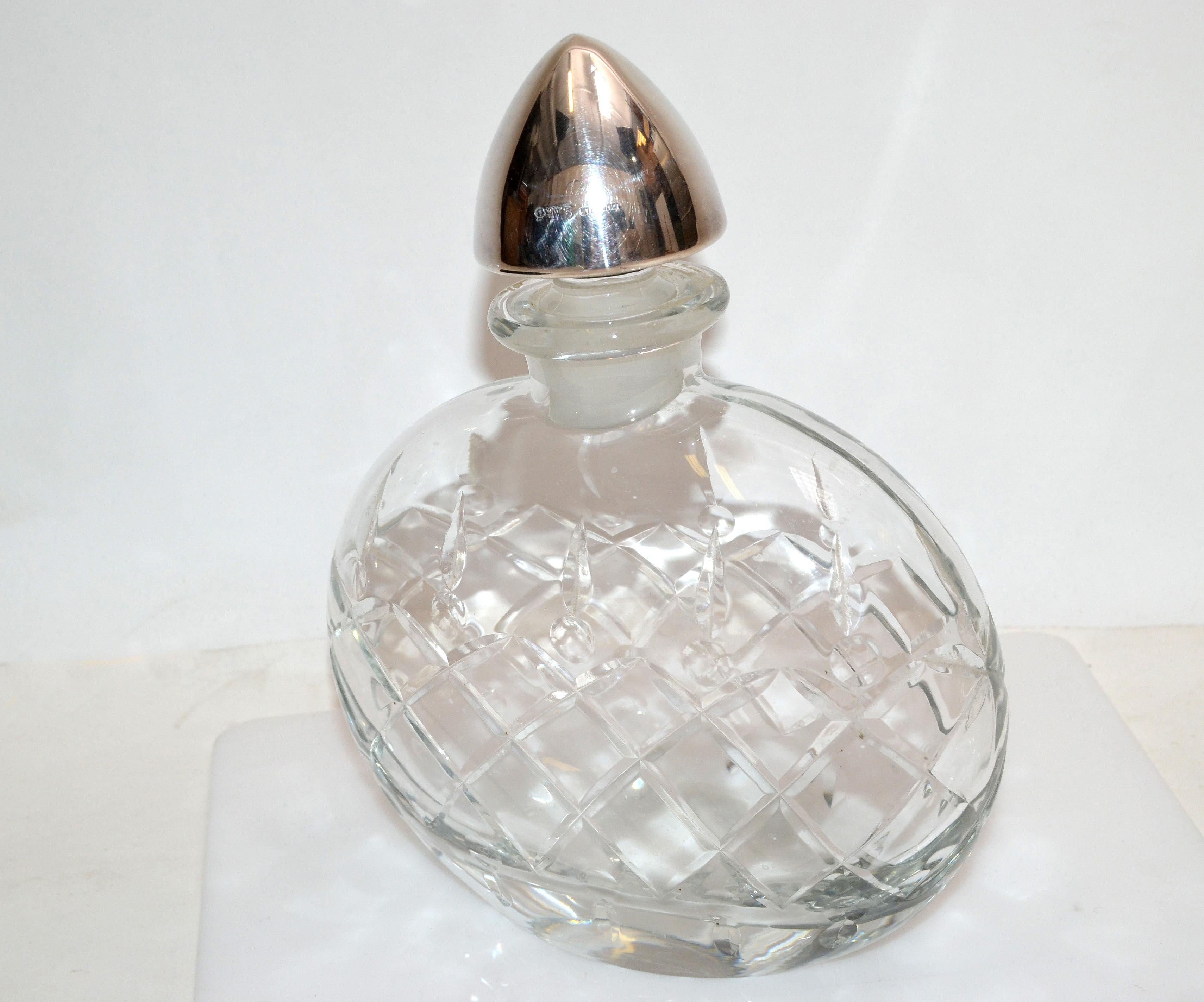 English Sterling Silver Vintage Clear Cut Art Glass Perfume Bottle with Silver Stopper For Sale
