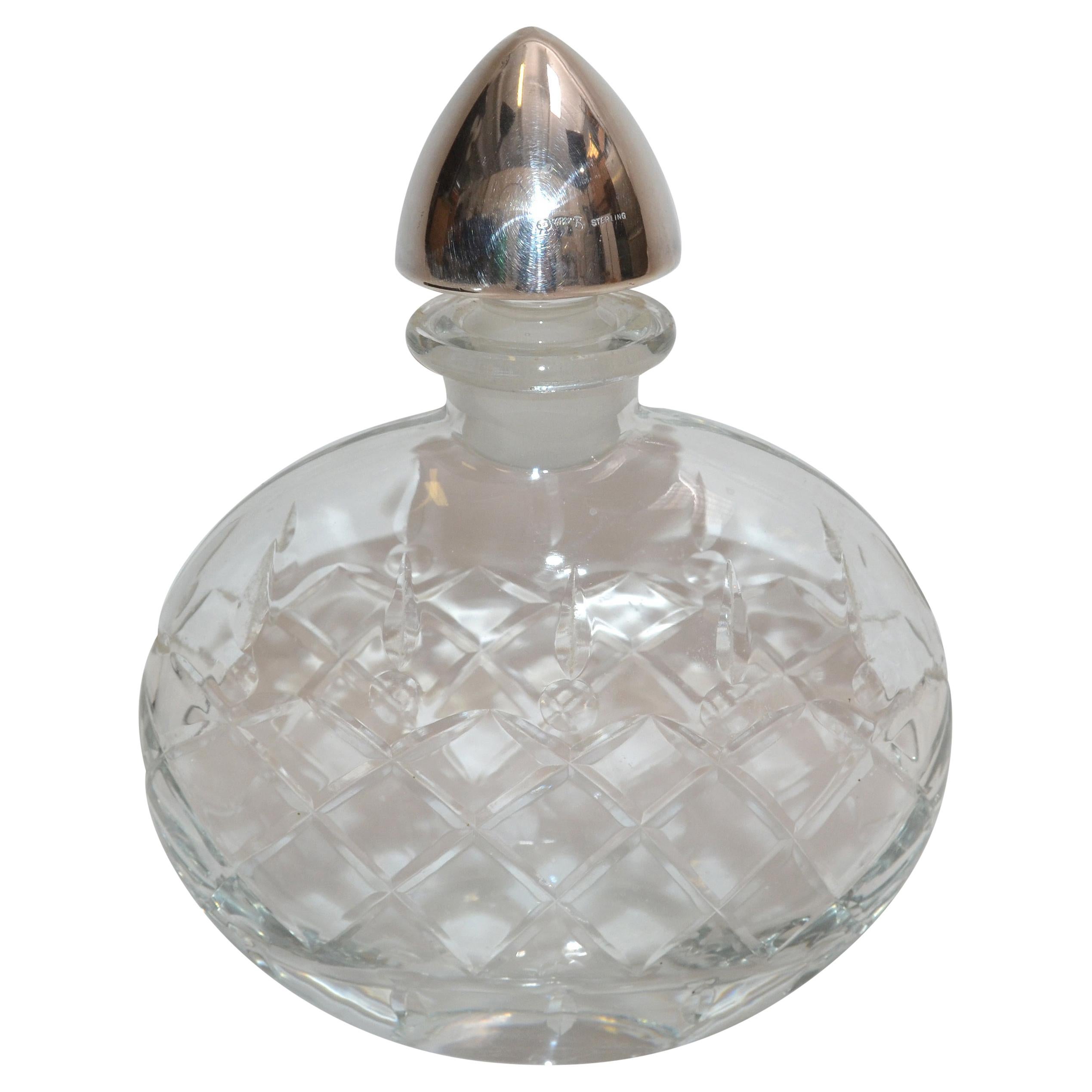 Flacon de parfum en argent sterling vintage en verre d'art transparent avec bouchon en argent