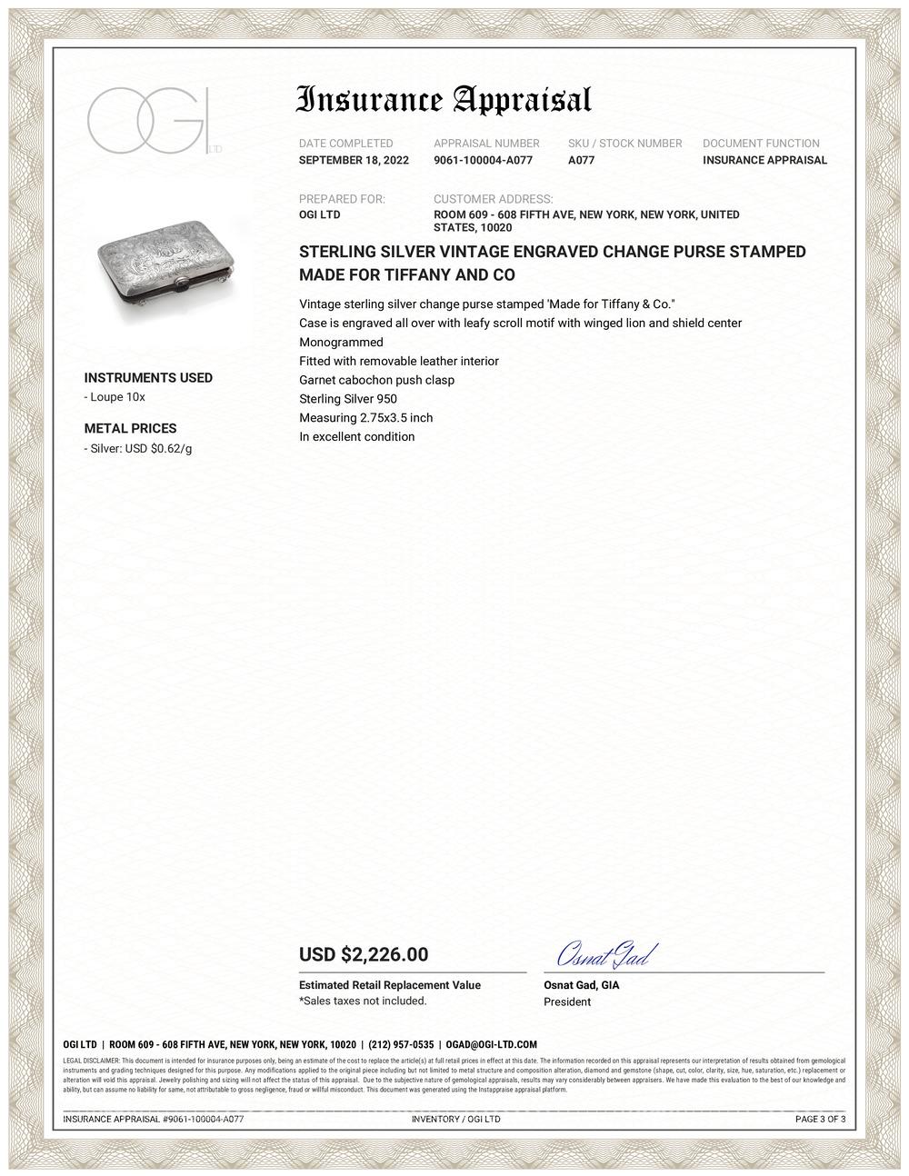 Vintage sterling silver change purse stamped 'Made for Tiffany & Co.