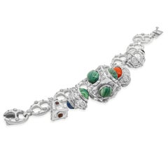 Sterling Silver Vintage Italian Designed Ornate Multi Gemstone Charm Bracelet