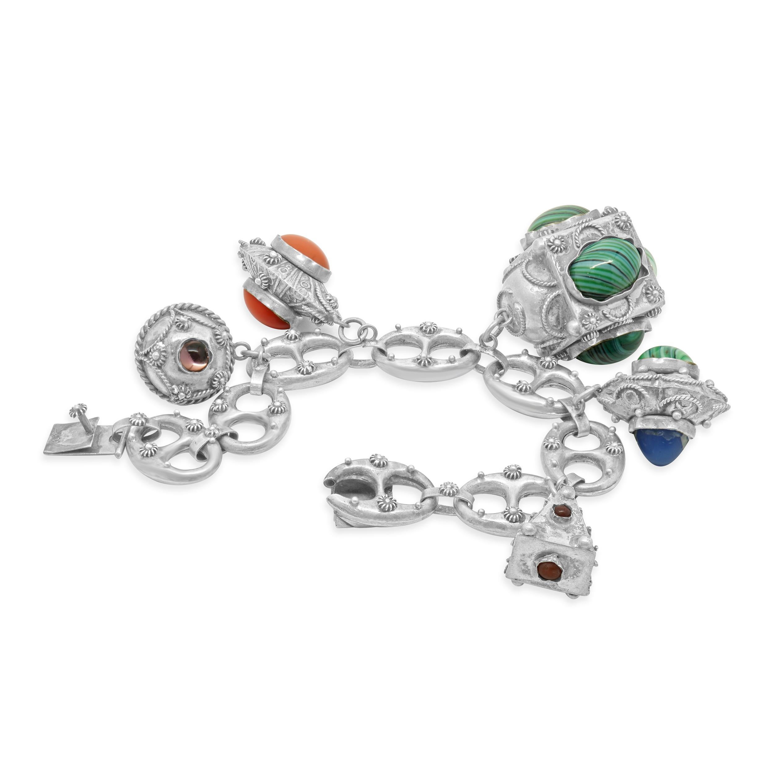 Mixed Cut Sterling Silver Vintage Italian Designed Ornate Multi Gemstone Charm Bracelet For Sale