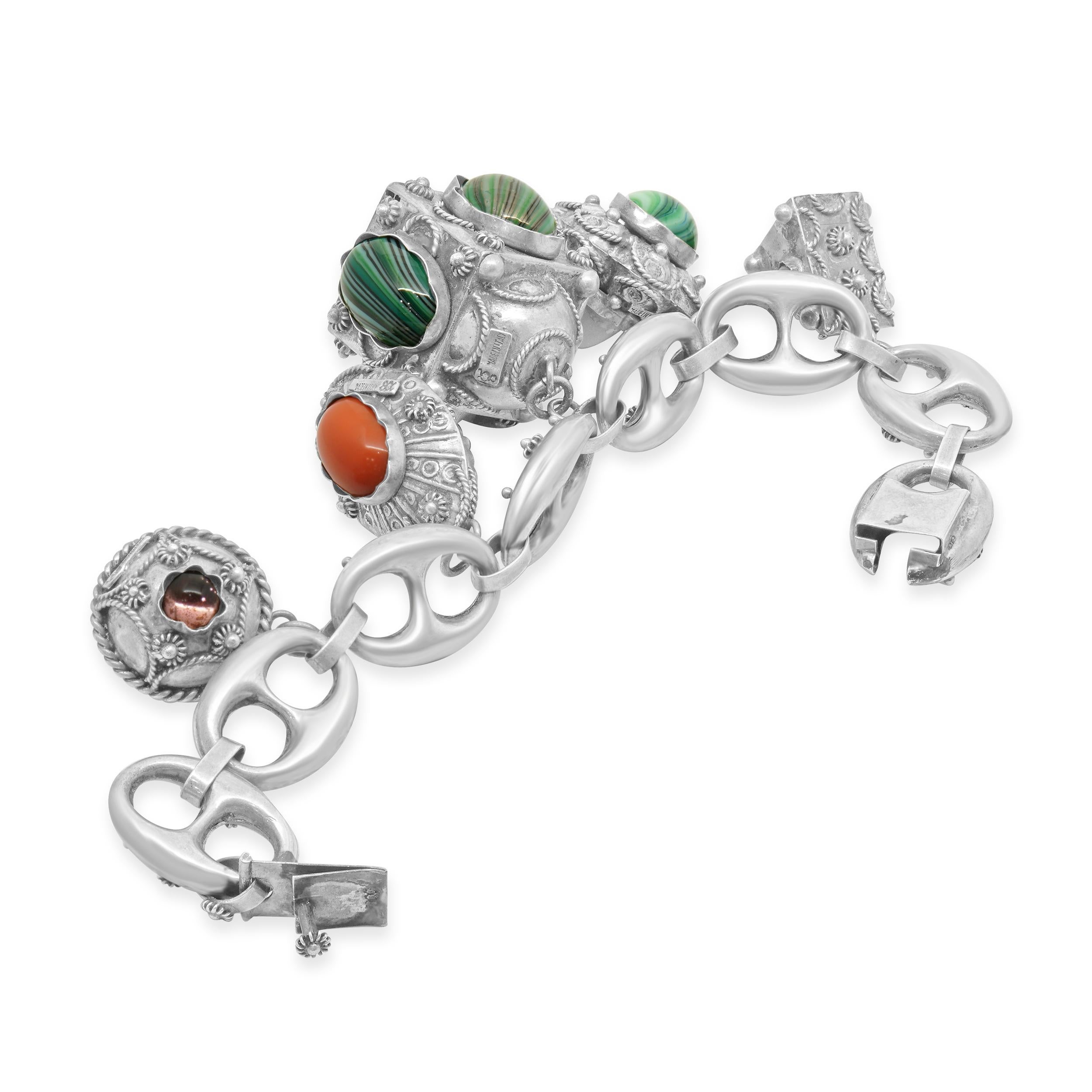 Sterling Silver Vintage Italian Designed Ornate Multi Gemstone Charm Bracelet In Good Condition For Sale In Scottsdale, AZ