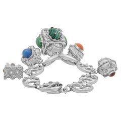 Sterling Silver Vintage Italian Designed Ornate Multi Gemstone Charm Bracelet