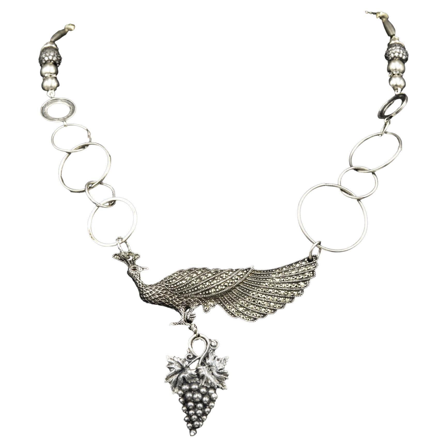 Sterling silver vintage peacock pendant necklace from Lorraine’s Bijoux on offer For Sale