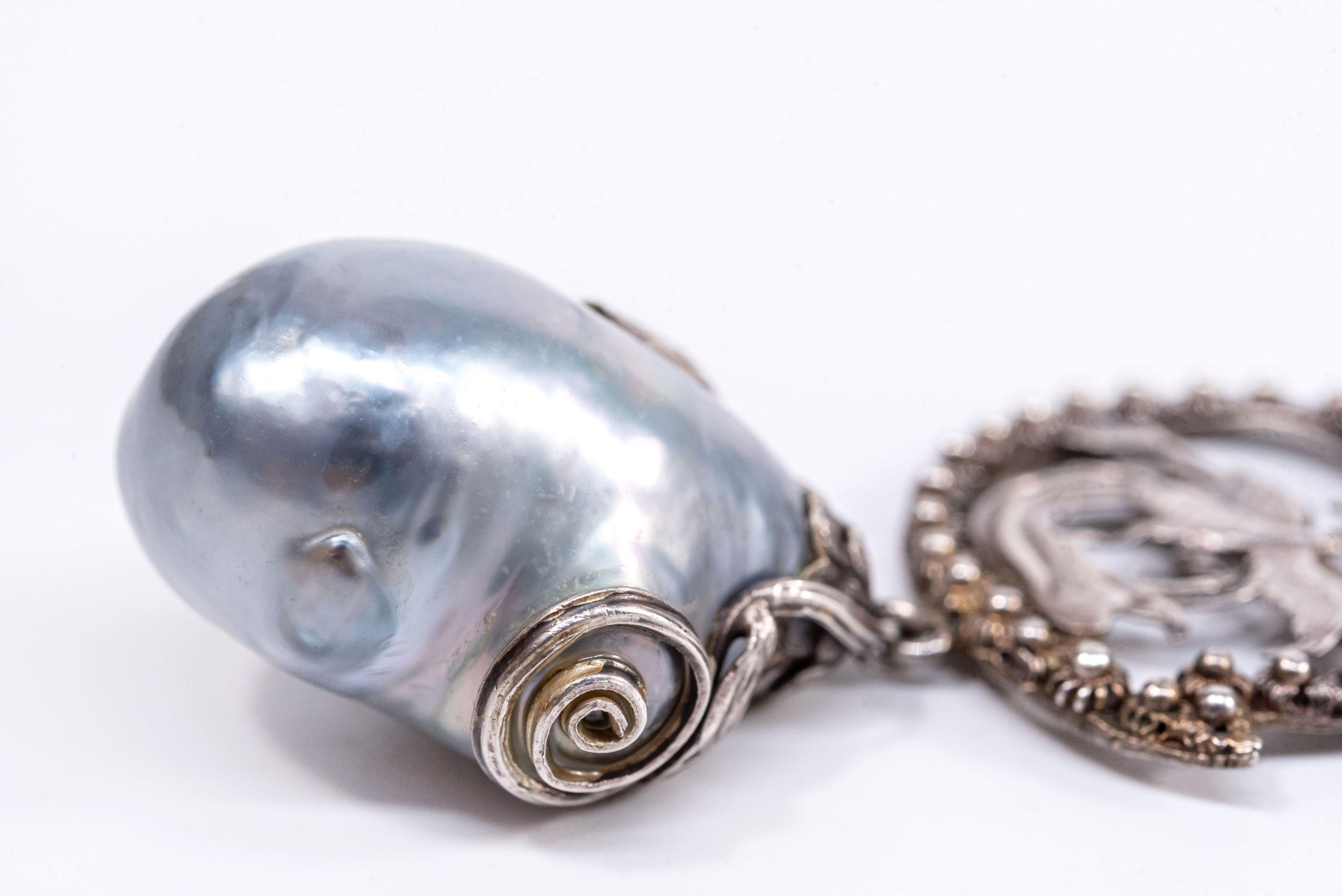 Sterling Silver Vintage Phoenix Baroque South Sea Pearl Necklace Enhancer For Sale 4